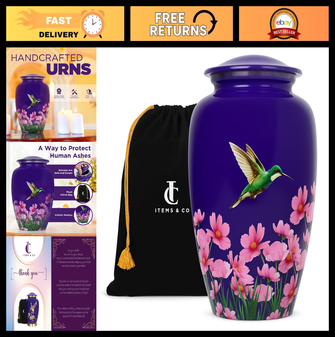 Large Hummingbird Cremation Urn for Human Ashes – 200 lb Capacity, Handcrafted A