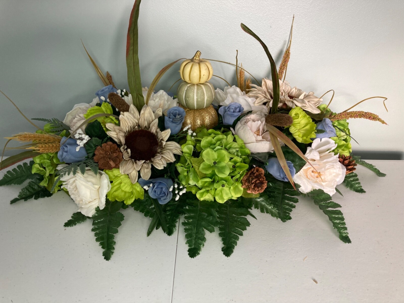 Green And Blue Fall Silk Flowers W/pumpkins For Cemetery Bevel, Memorial Flowers
