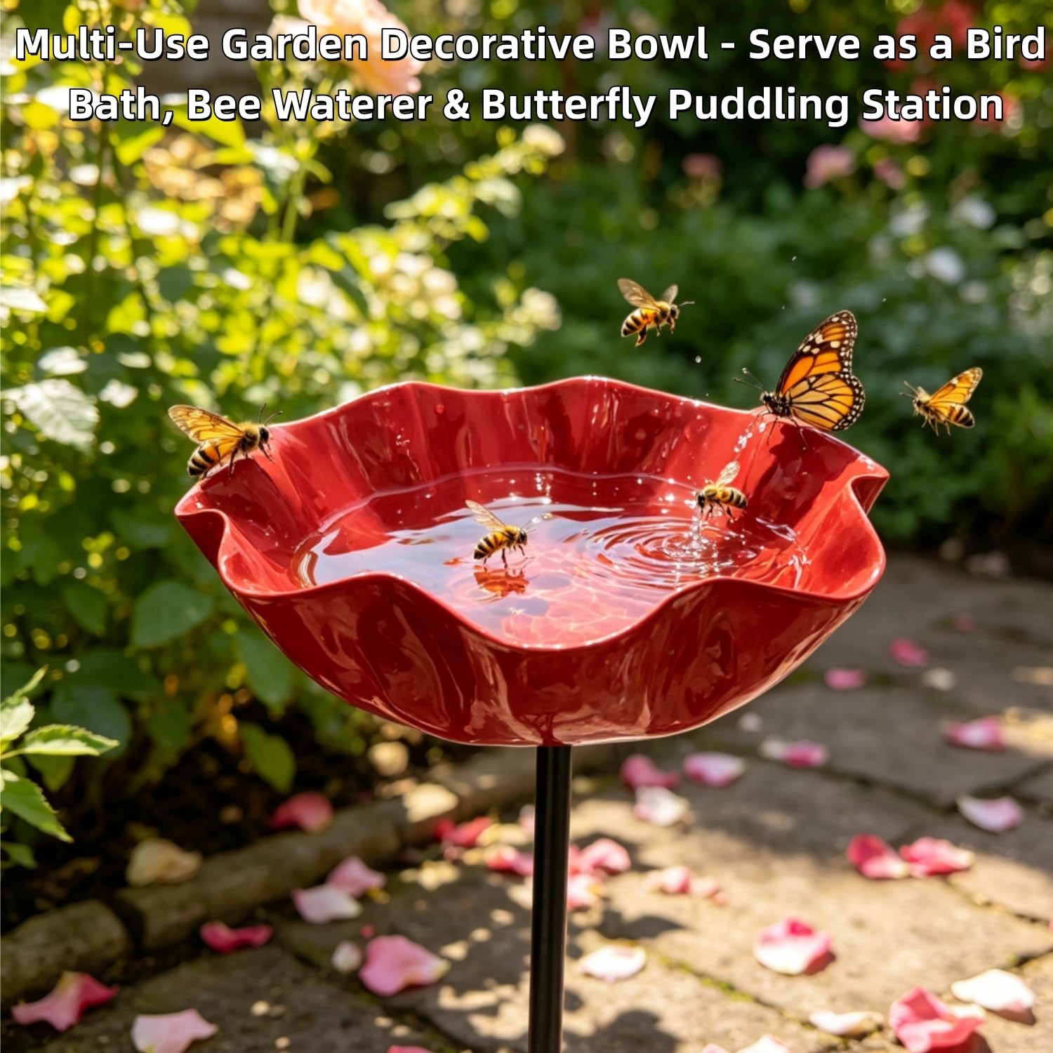 Metal Flower Garden Stakes with Bird Bath & Bee Watering Station – Colorful B…