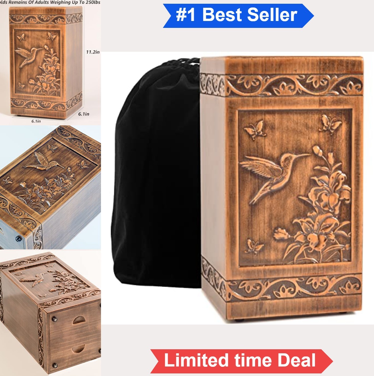 Handmade Wooden Cremation Urn For Human Ashes Adult 250lbs Hummingbird Carved