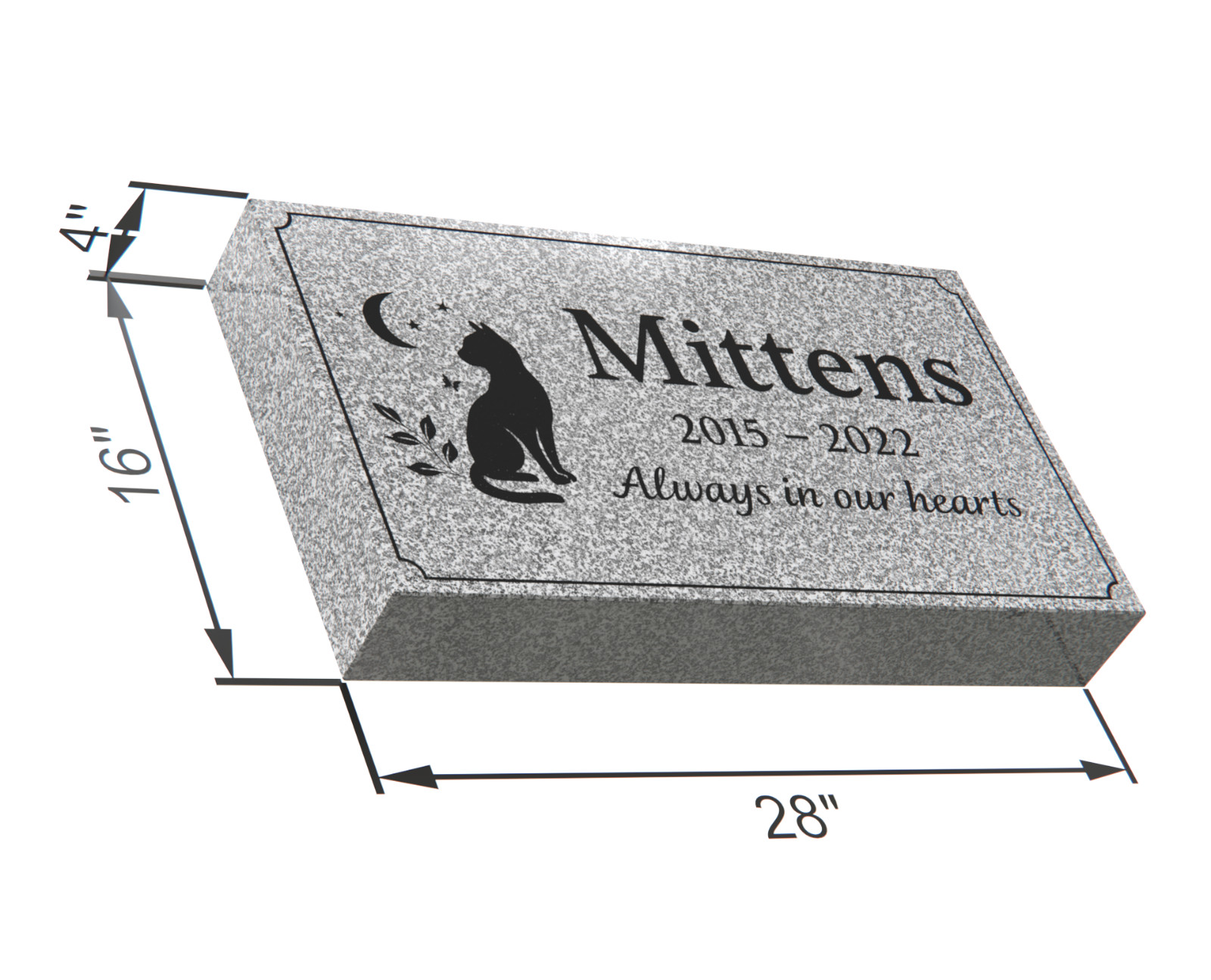Custom Gray Granite Pet Headstone 28x16x4 – Cat Memorial “Always in Our Hearts”