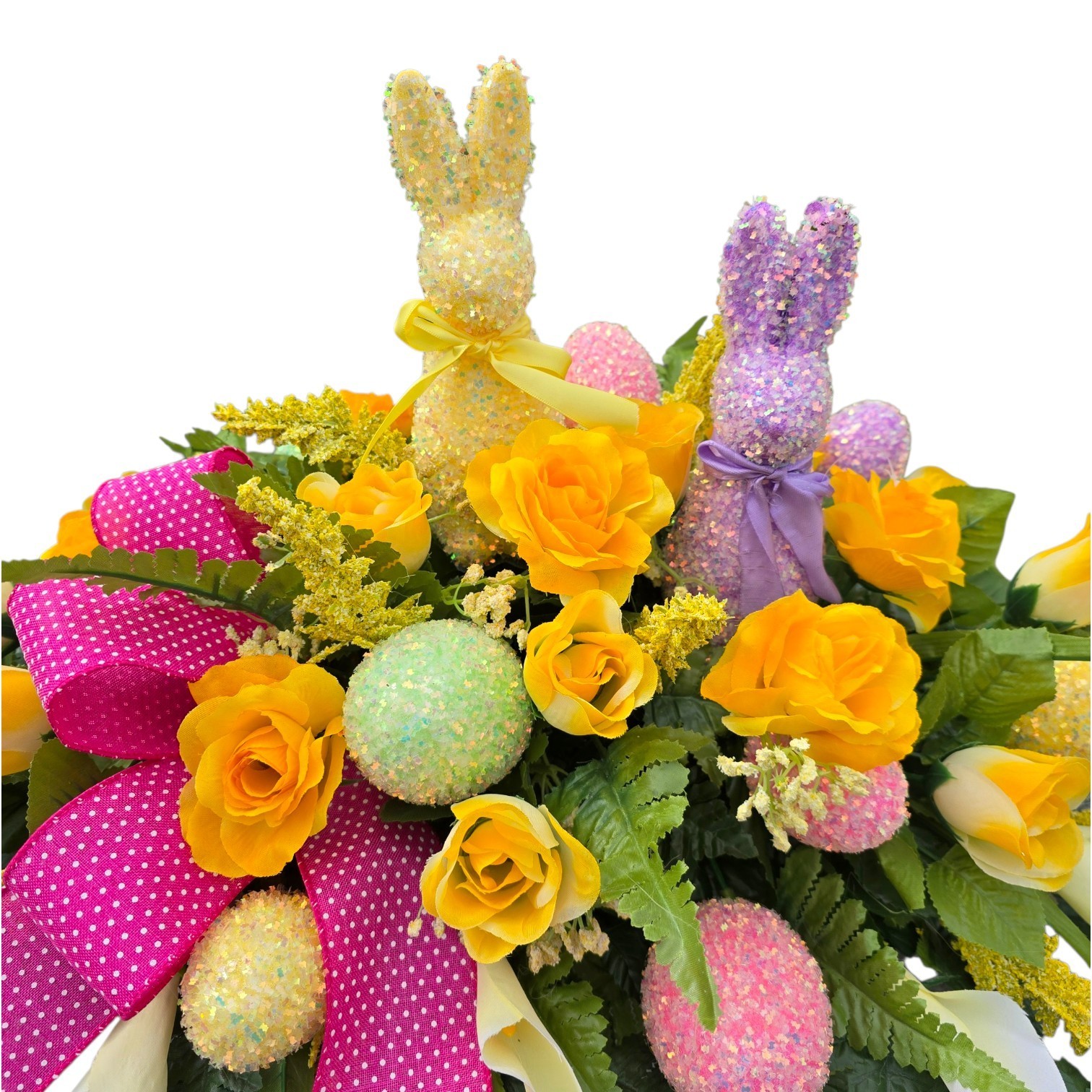 EASTER HEADSTONE SADDLE, YELLOW GRAVE FLOWERS WITH BUNNIES AND EASTER EGGS