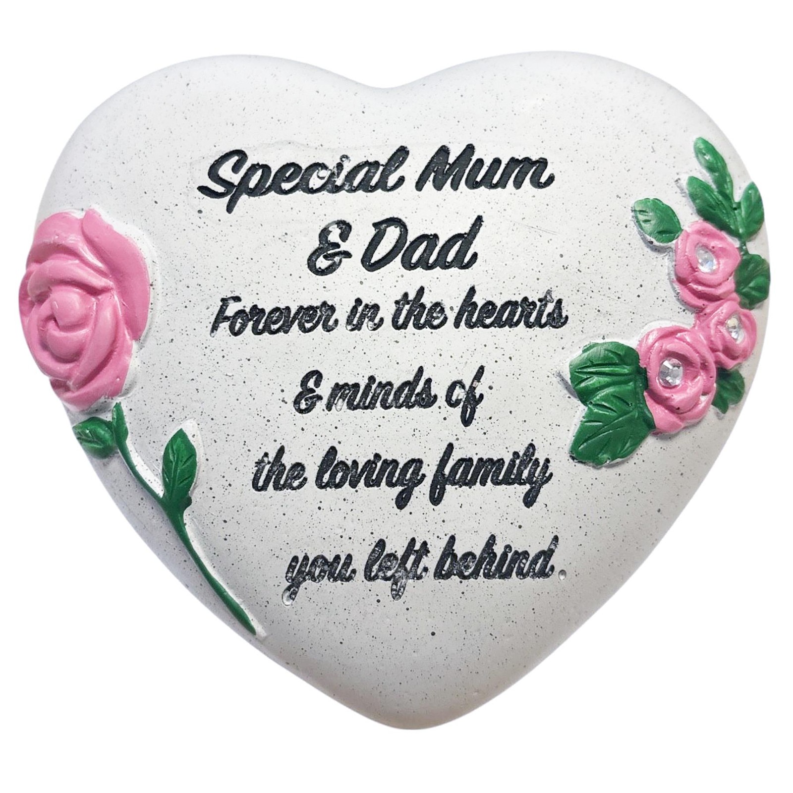 Memorial Heart Plaque with Flower Diamantes and Wording Polyresin – Mum and Dad