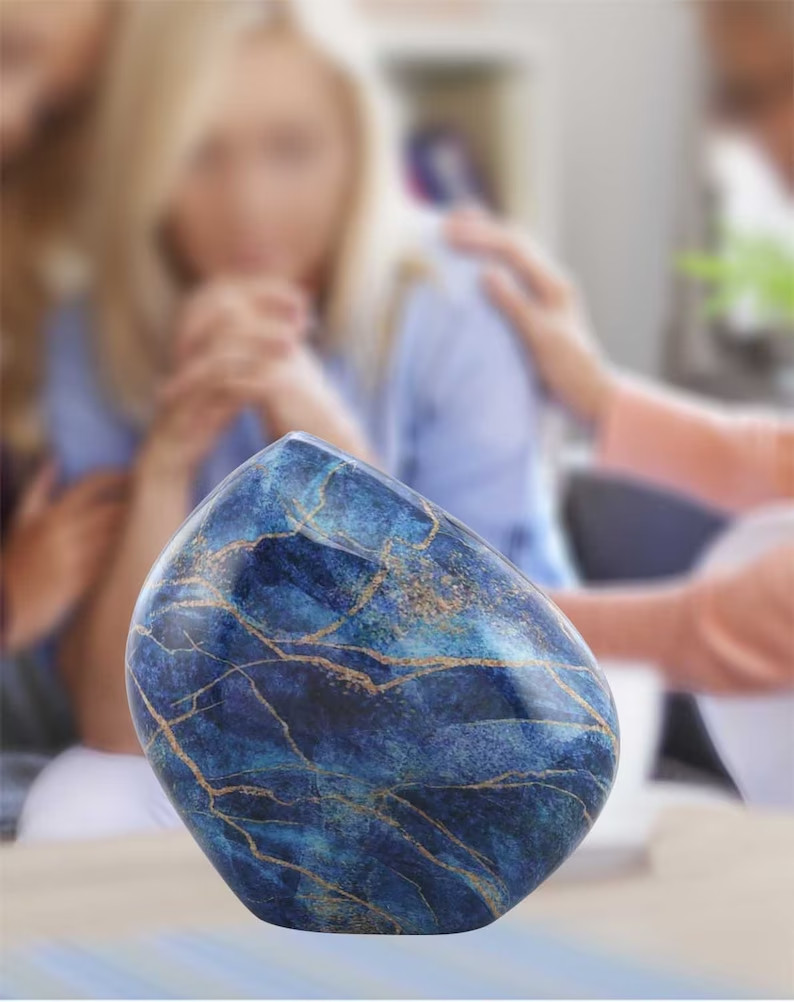 Blue Marble Rock Urn – Handcrafted Solid Metal Mountain/ Rock Cremation Urn