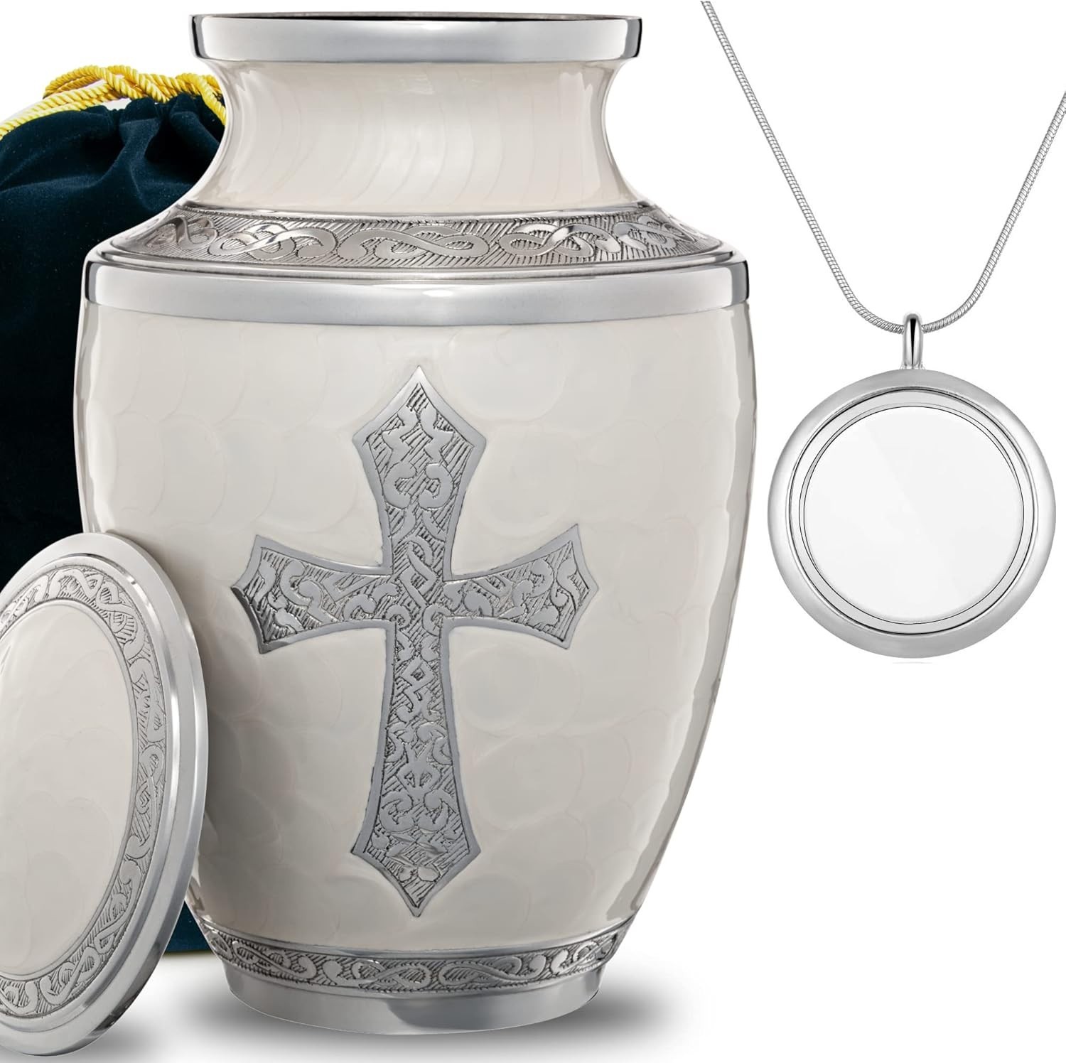 Olivia Memorials God’s Love White Urn for Ashes Hand Engraved Cross Large 8×10