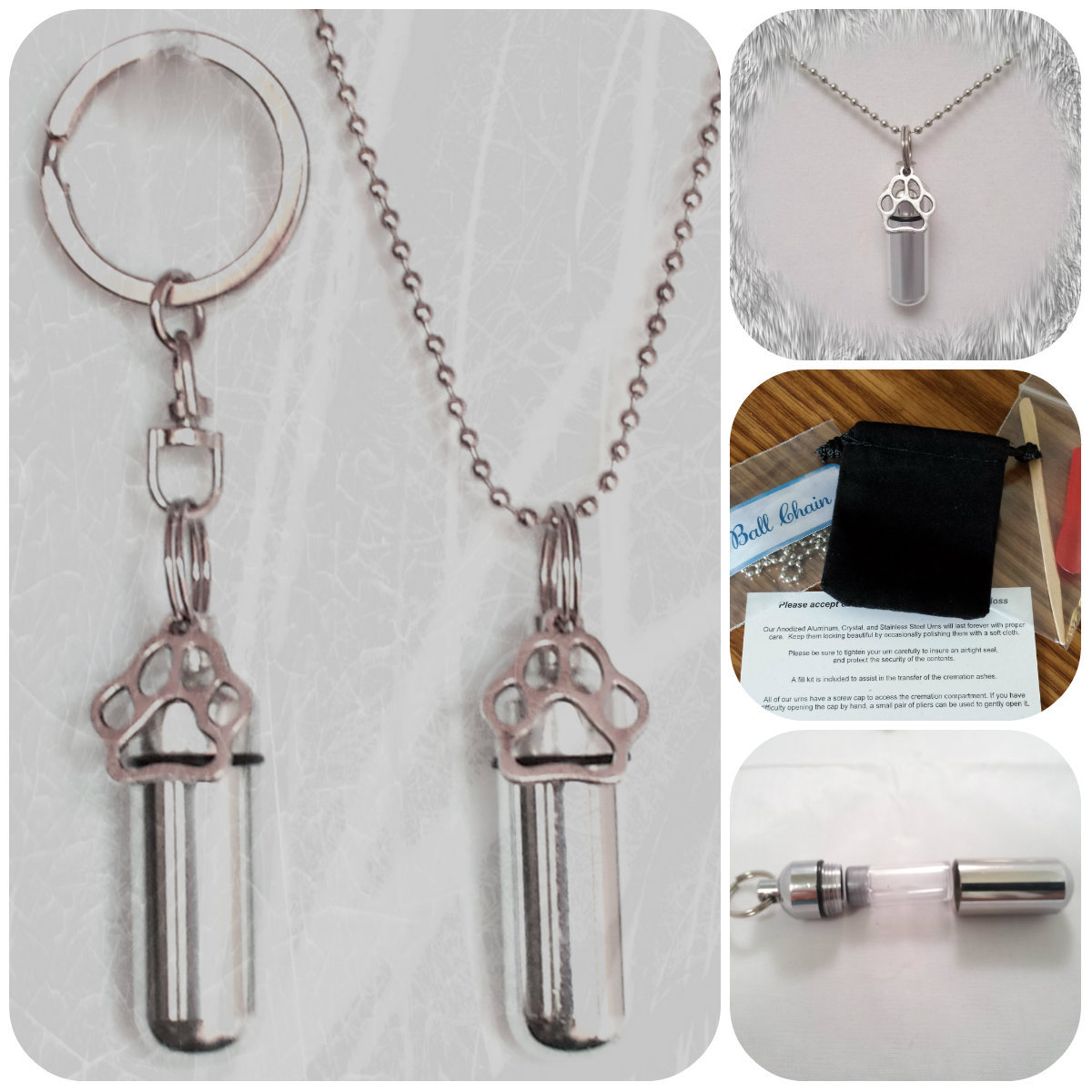 Dog/Cat/Pet Paw 2pc.Special Set – Cremation Urn Necklace & Keychain Urn w/Pouch