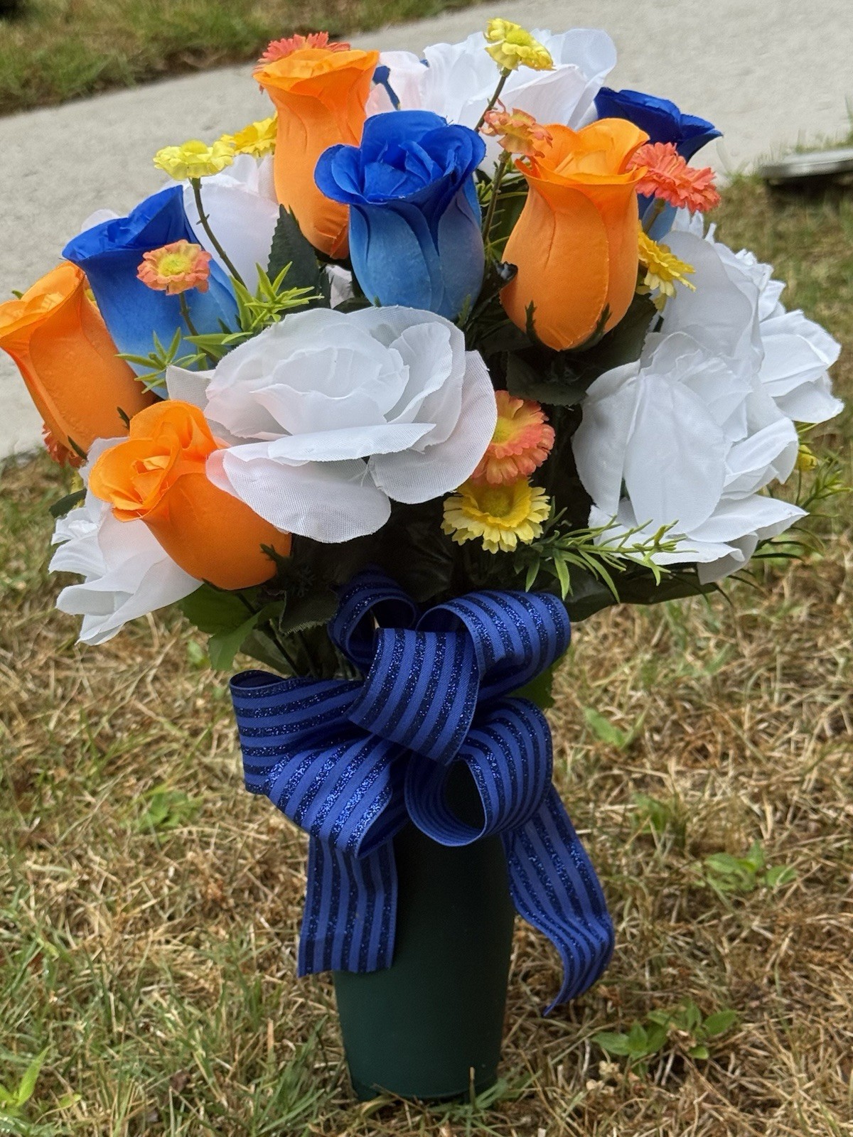 Cemetery Vase Memorial Silk Flower Arrangement Blue, White & Orange