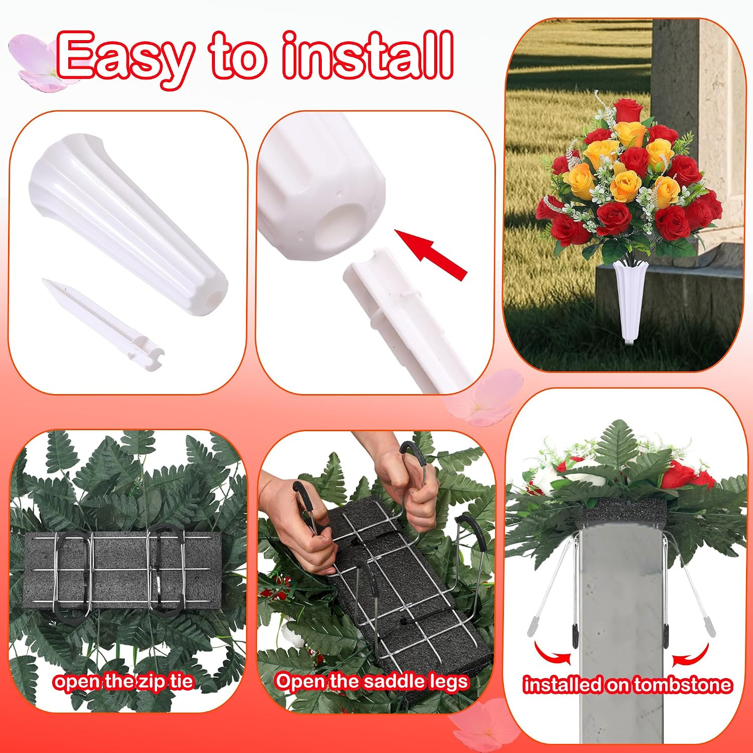 3pcs Headstone Flowers Saddle for Tombstone,Cemetery Flower Memorial Bouquet wit