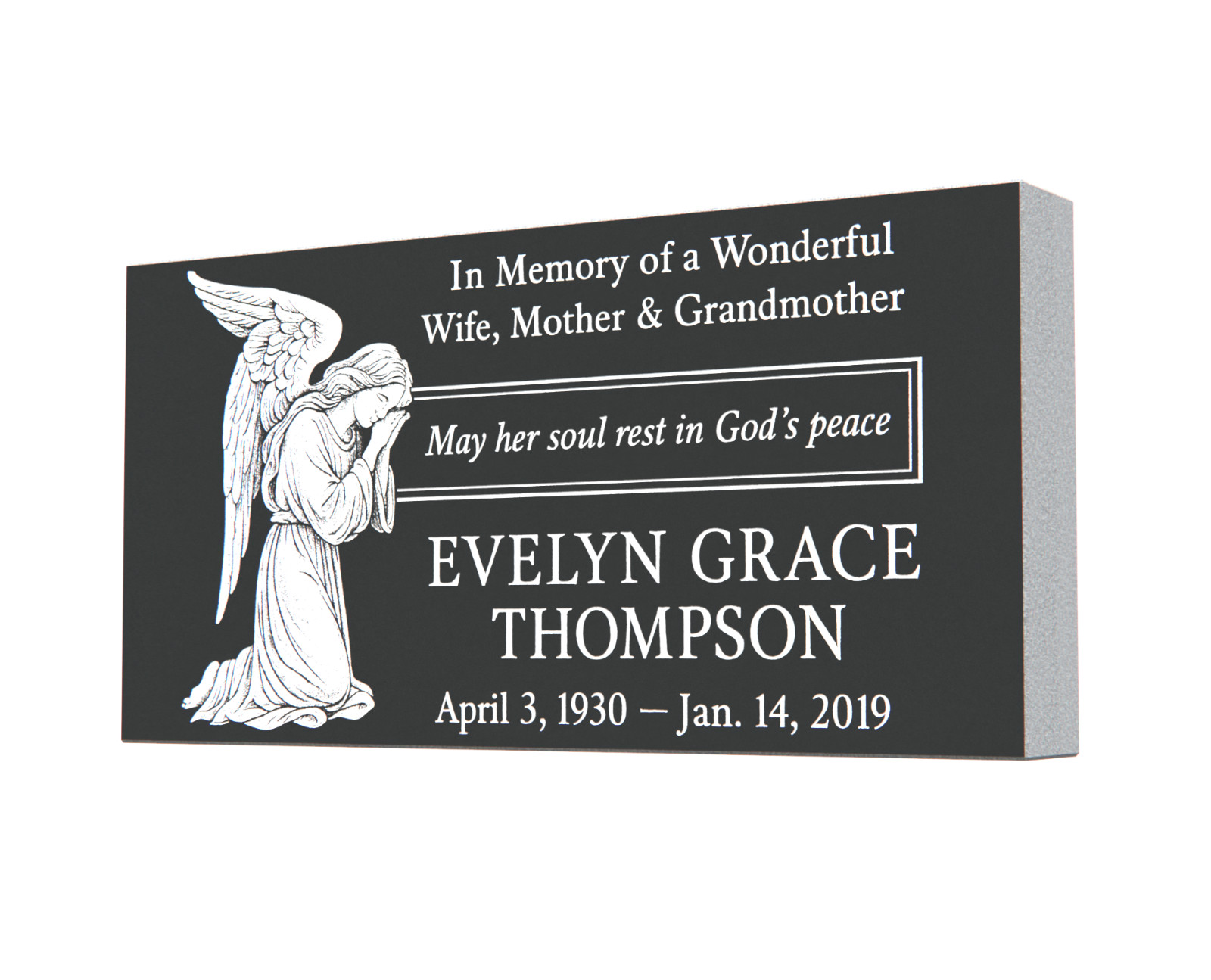 Custom Engraved Black Granite Headstone 24x12x3 – Flat Grave Marker with Angel