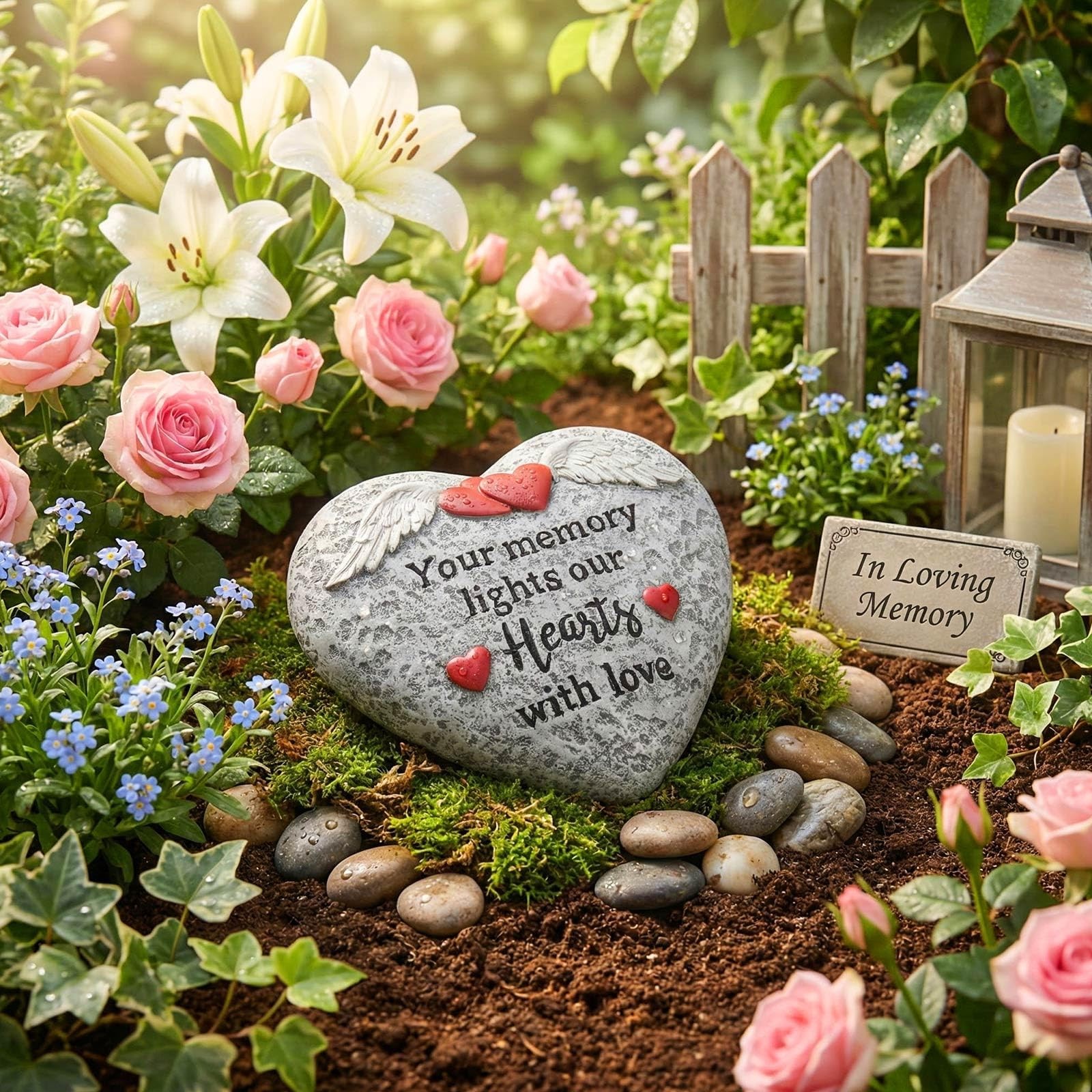 Memorial Garden Stones, Heart Resin Gravesite Angel Wings Garden Stone in Mem…