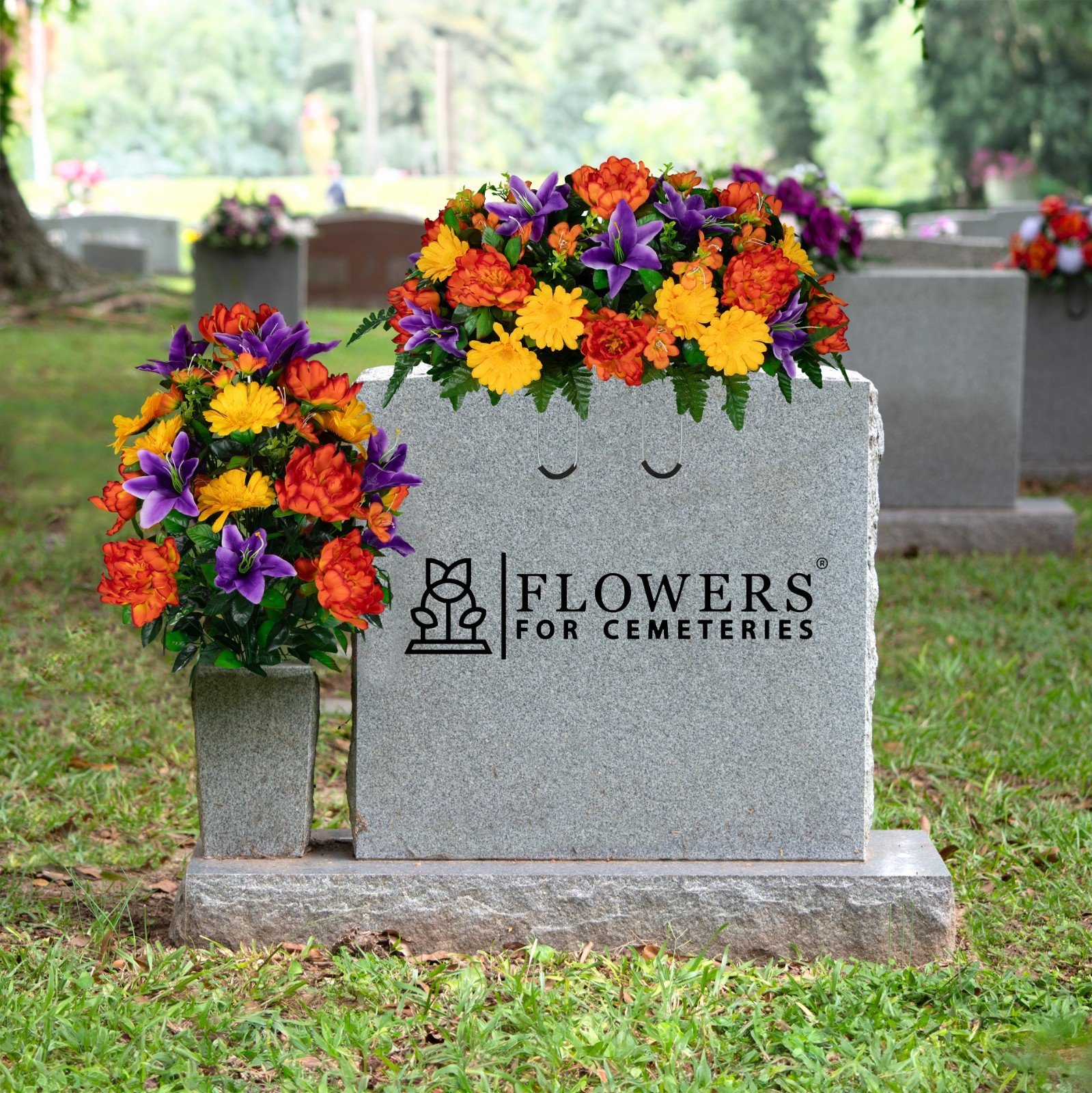 Artificial Orange Peonies, Purple Lilies, and Yellow Daisies Saddle & Bouquet