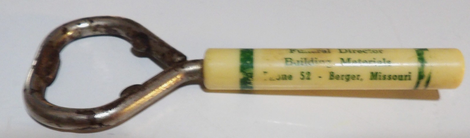 1930’s BERGER MISSOURI PHONE 52 BLUMER FUNERAL HOME BEER BOTTLE OPENER