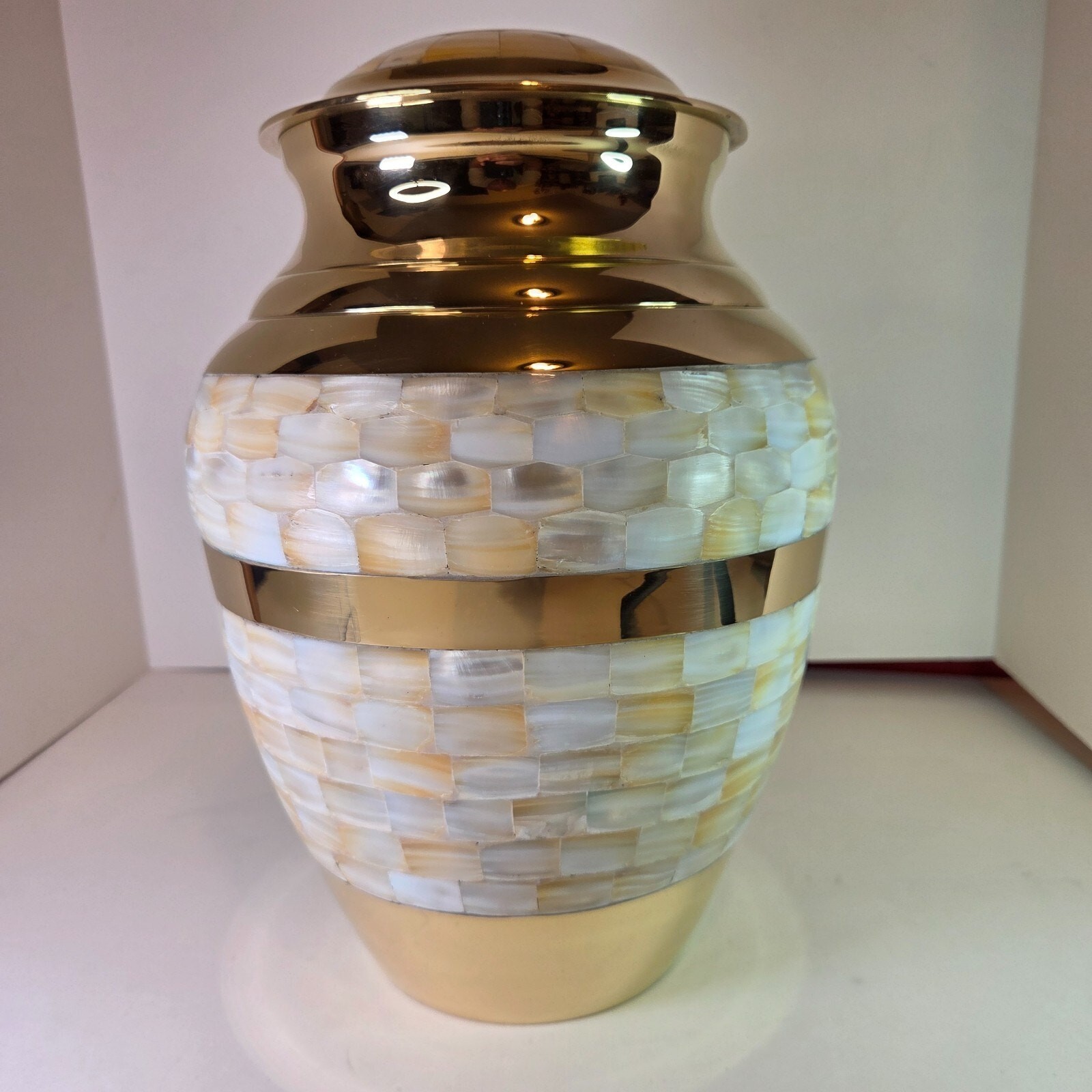 Large 12″ Brass Mother of Pearl Cremation Urn for Adult Ashes