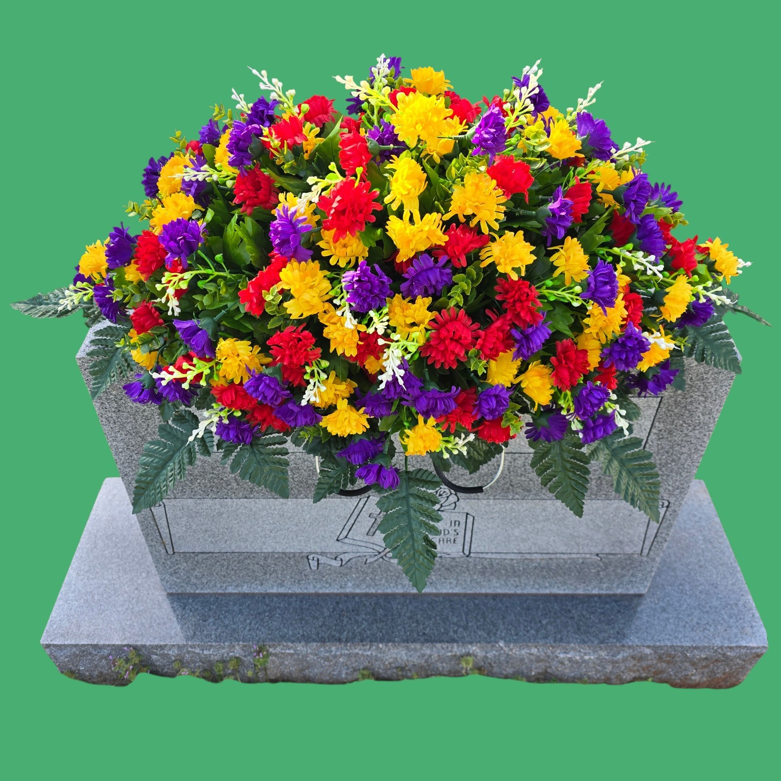MULTI-COLORED MINI-MUM CEMETERY HEADSTONE SADDLE WITH QUALITY MEMORIAL FLOWERS