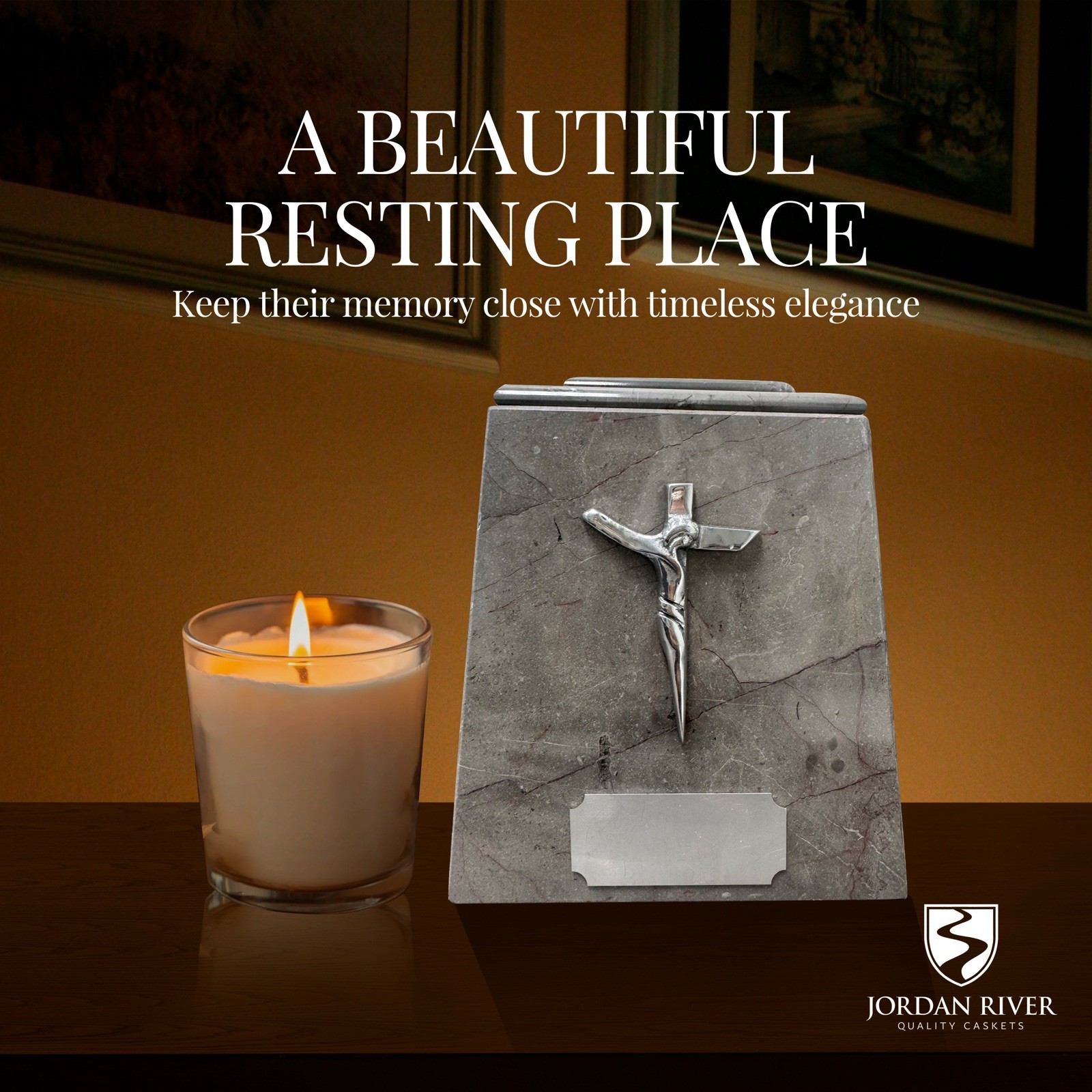 Marble Cremation Urn with Metal Cross — Elegant Design, Ash Urn