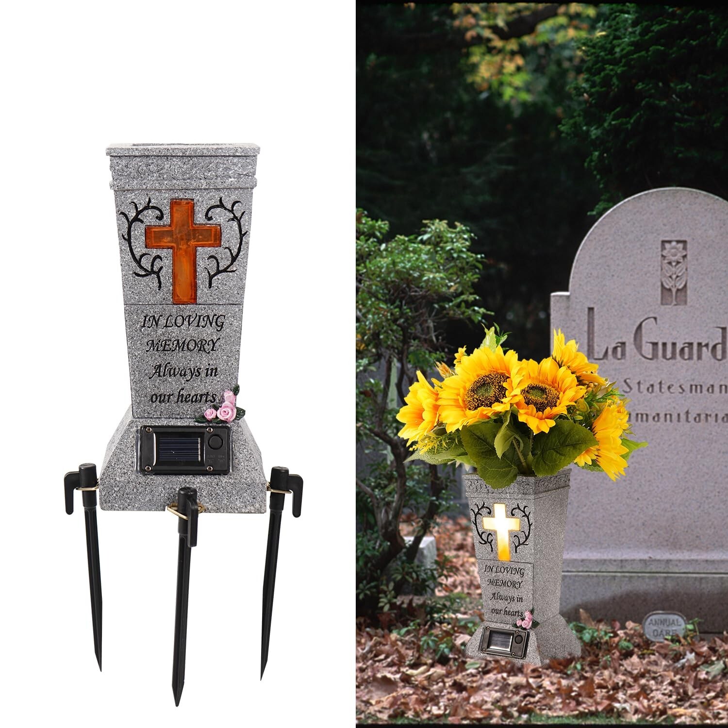 Cemetery Grave Vase with Solar Cross LED, Cemetery Decorations for Grave, Hea…