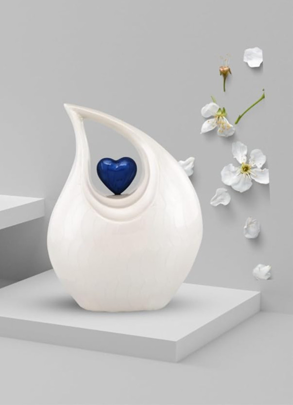 Heart of Love Cremation Urn for Adult Human Ashes, 12in, White With Blue Heart