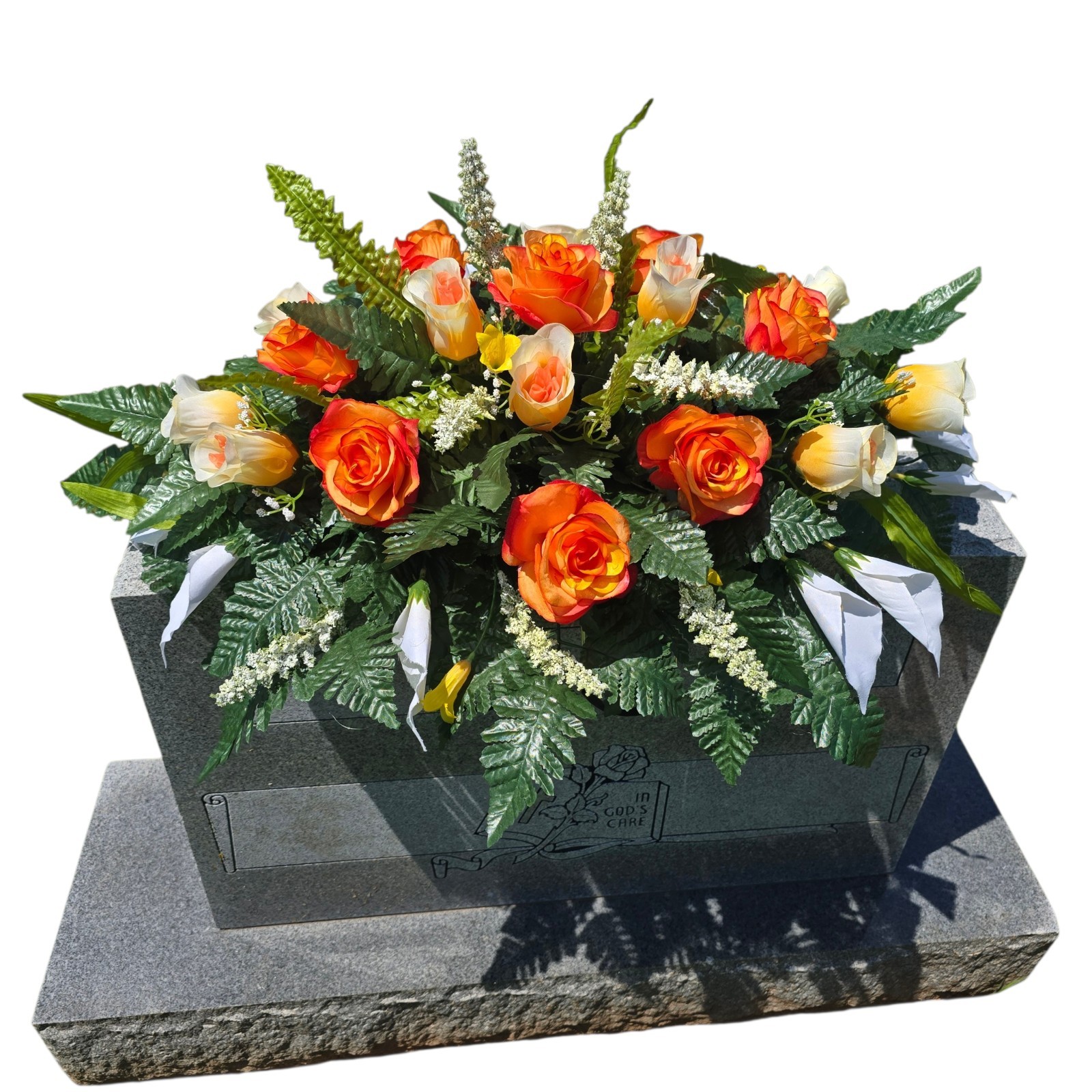ORANGE AND WHITE HEADSTONE SADDLE WITH ORANGE ROSES & CALLA LILY’S FOR CEMETERY
