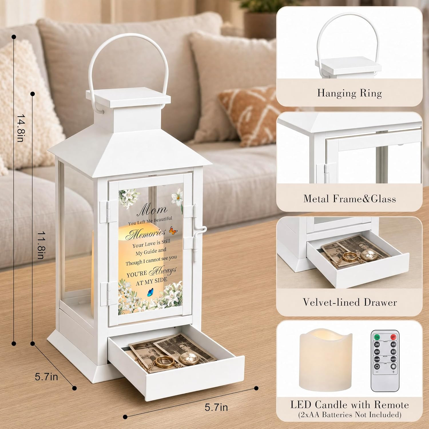 Sympathy Memorial Gifts for Loss of Mom, Memorial Lantern with Drawer for Keepsa