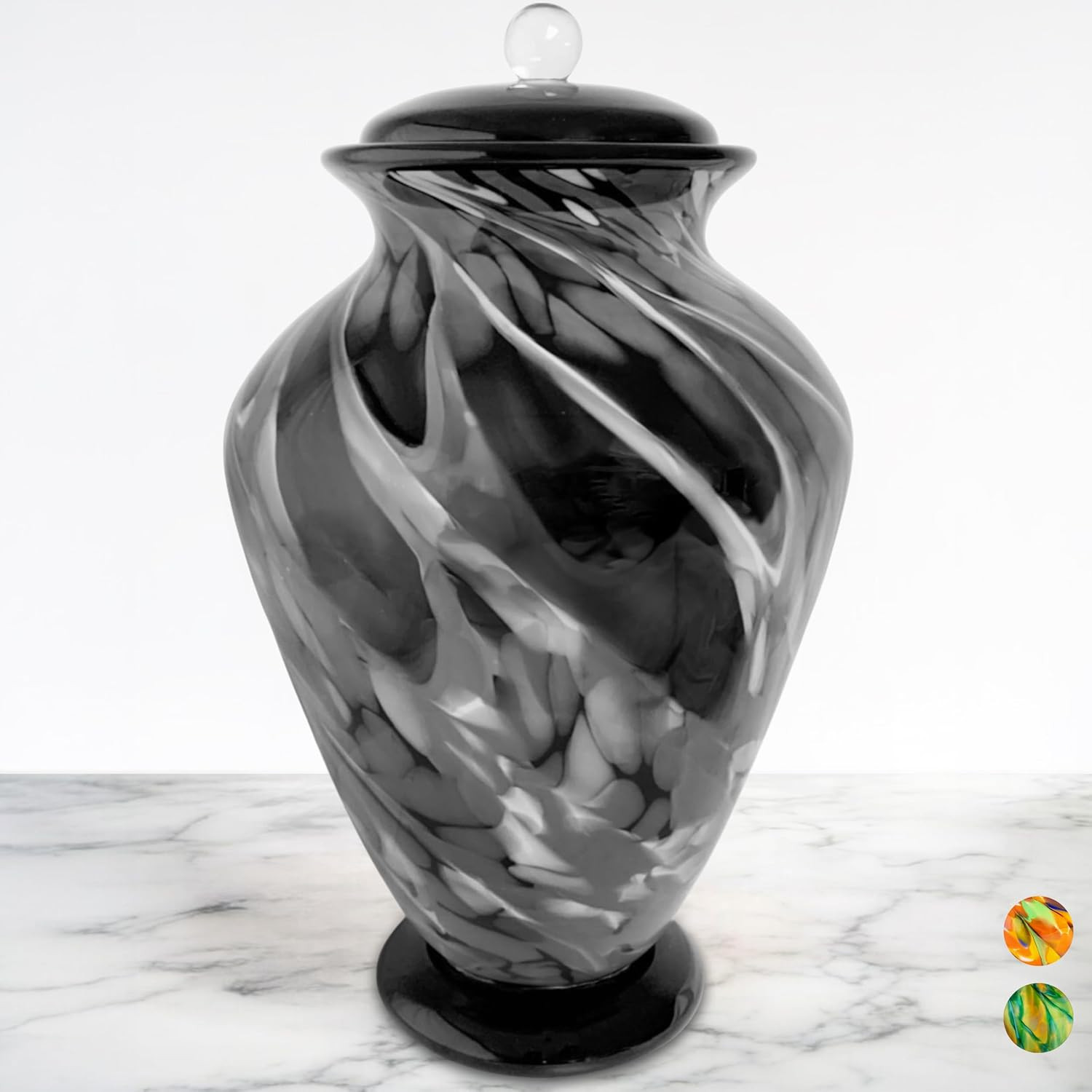 Elegant Hand Blown Glass Urn for Adult Ashes – Black/Silver Memorial Urn