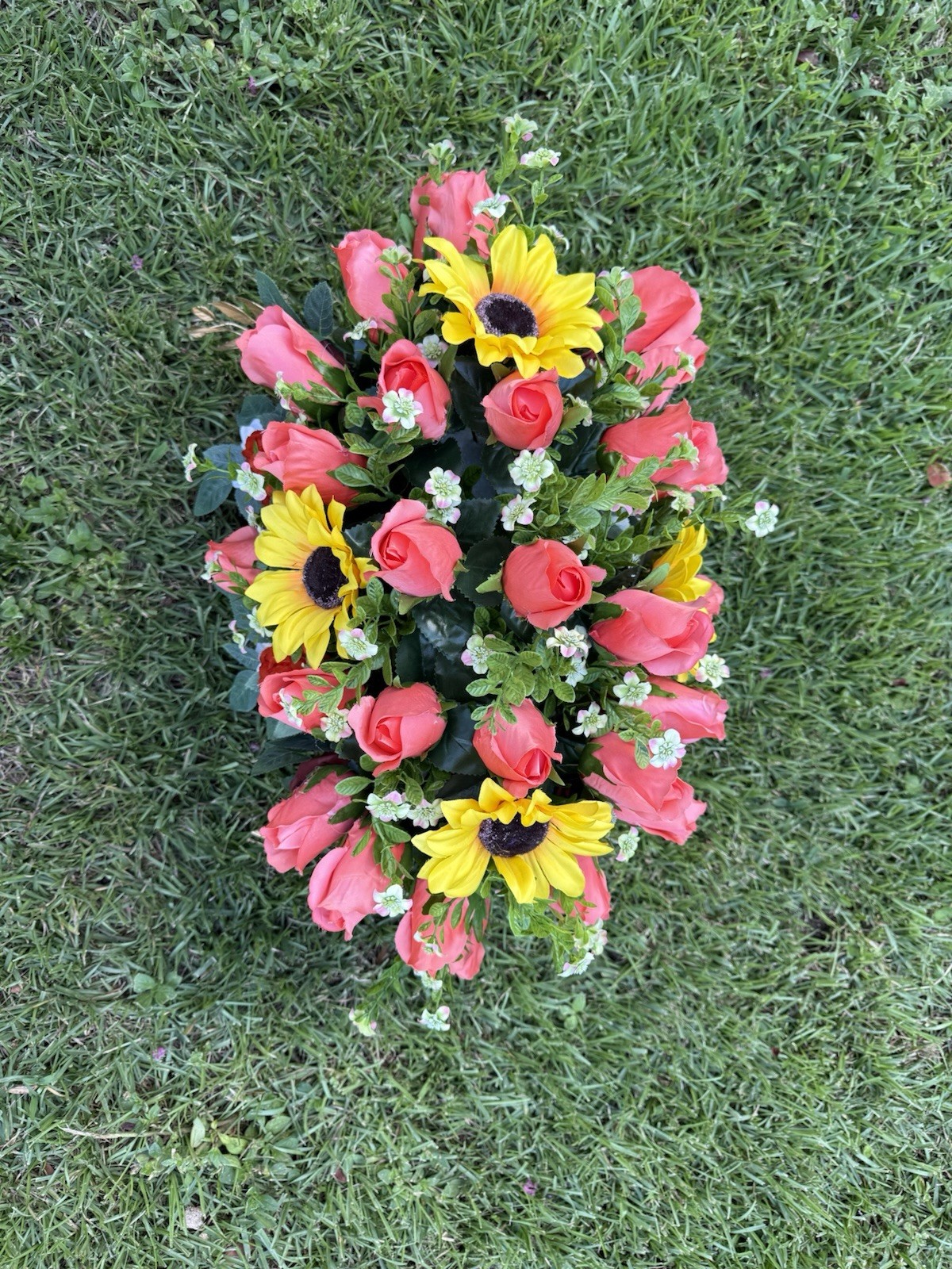 Cemetery Memorial Headstone Saddle Silk Flower Arrangement Tangerine