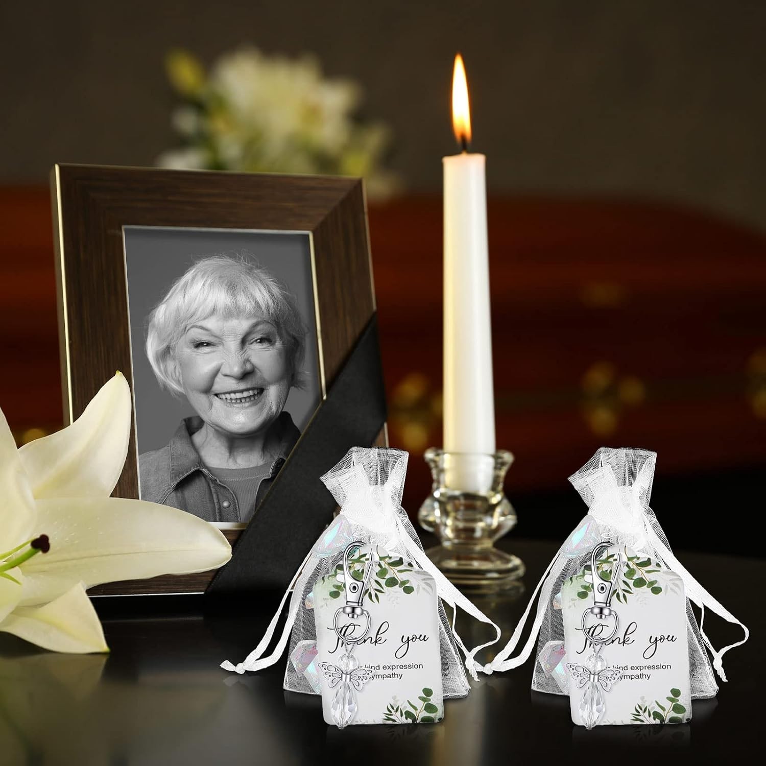 60 Sets Memorial Favors with Angel Keychains, Thank You Tags & Organza Bags