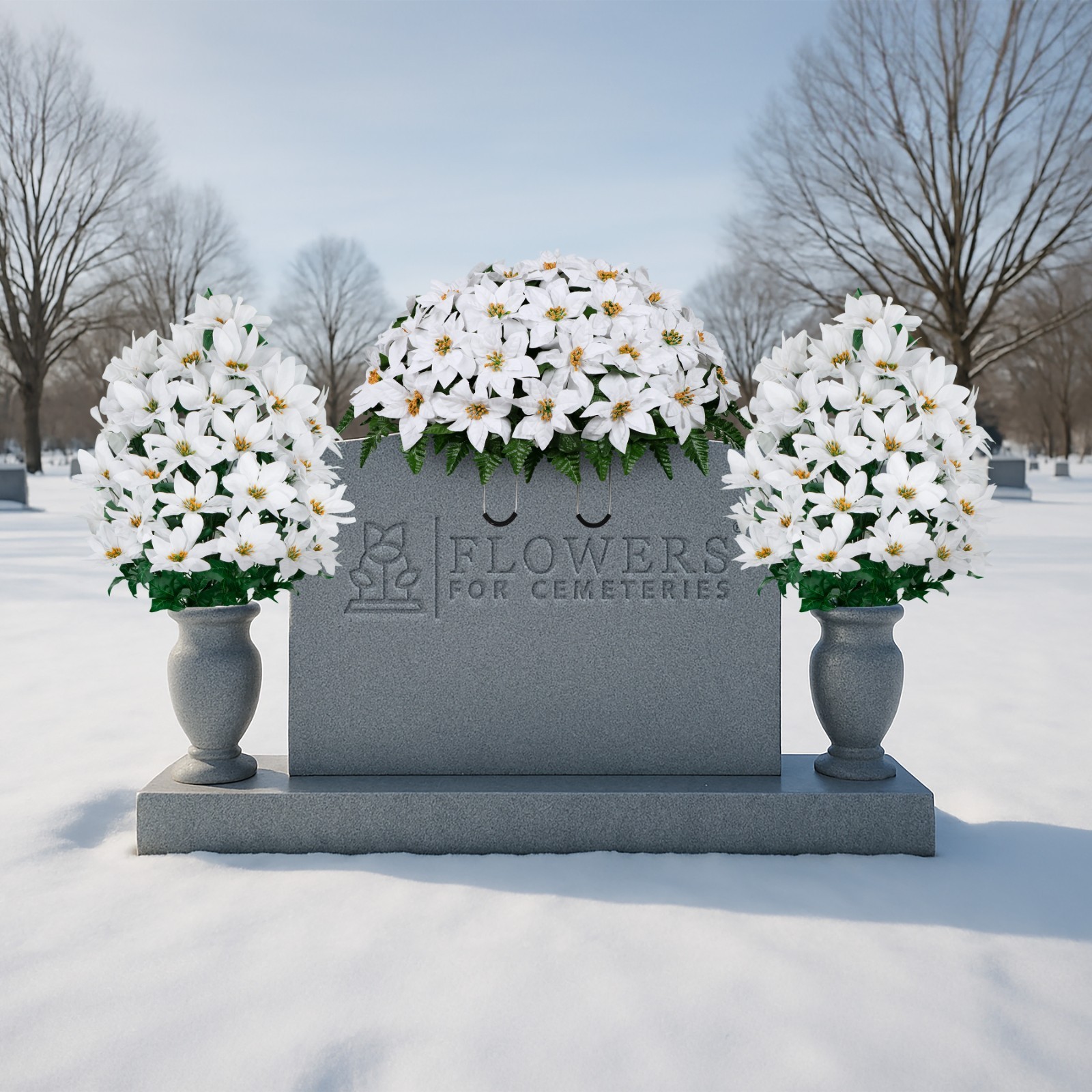 Artificial Gravesite Flowers – White Poinsettia Saddle and 2 Bouquets
