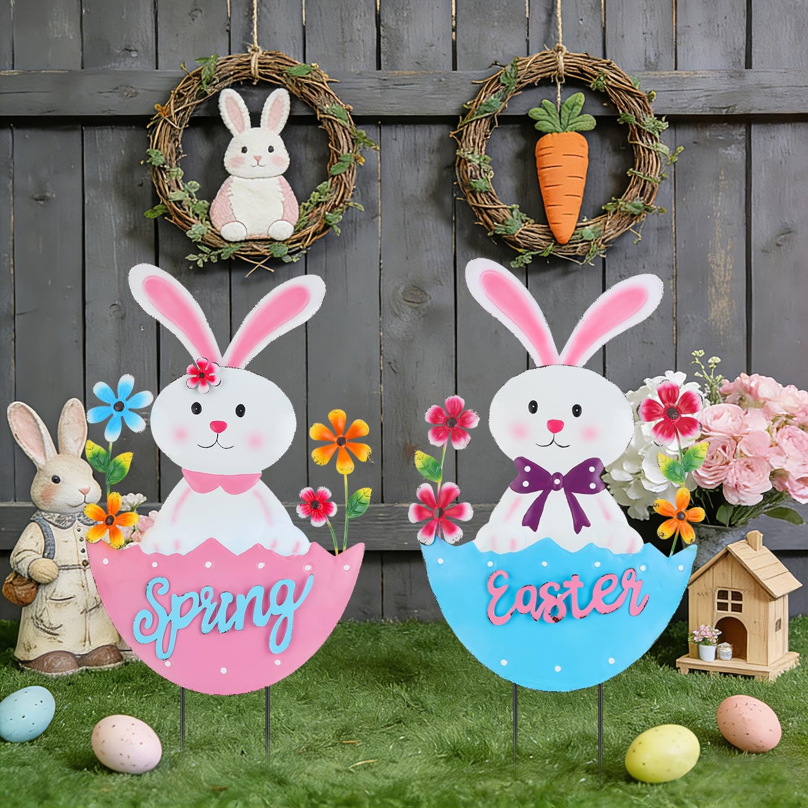 2 Pack Easter Rabbit Outdoor Decor – Spring Bunny Yard Signs with 3D Letters …