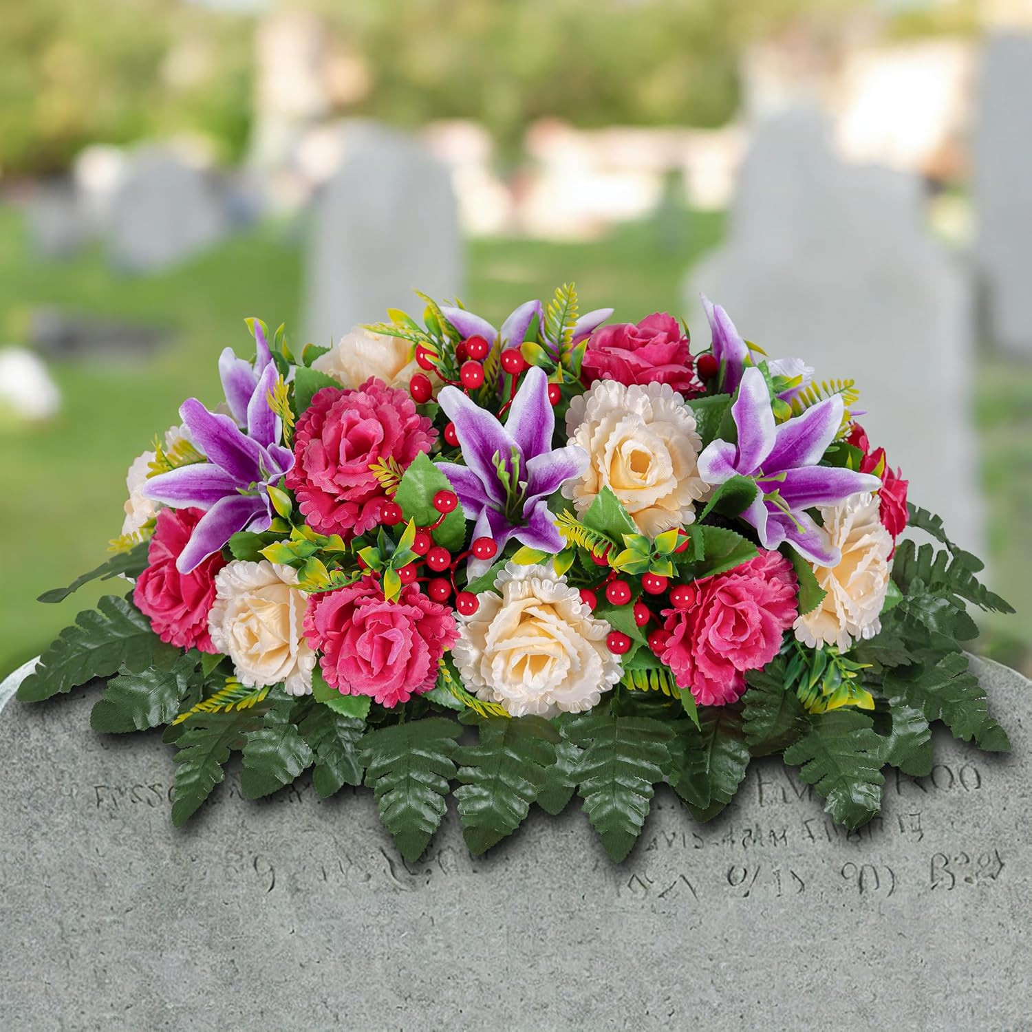 Cemetery Headstone Flower Saddle -Outdoor Grave Decorations ，Mixed of Artificial