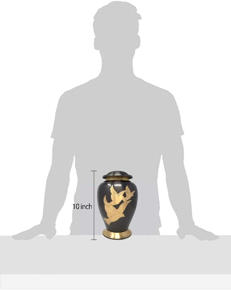 Charcoal Grey Gold Toned Dove Cremation Urn With Screw on Lid For Ashes 10 Inch