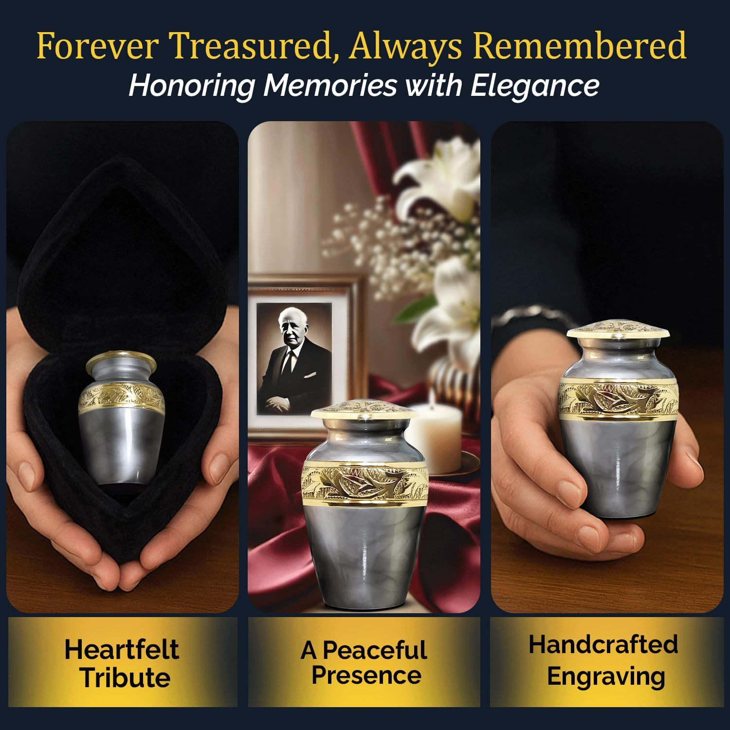 Small Urns for Human Ashes with Velvet Heart Case – Brass Hand Engraved – Mini M
