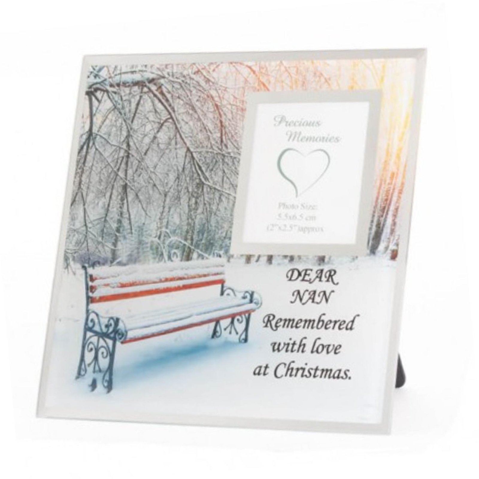 Memorial Glass Photo Frame Christmas Snowy Bench with Wording – Nan