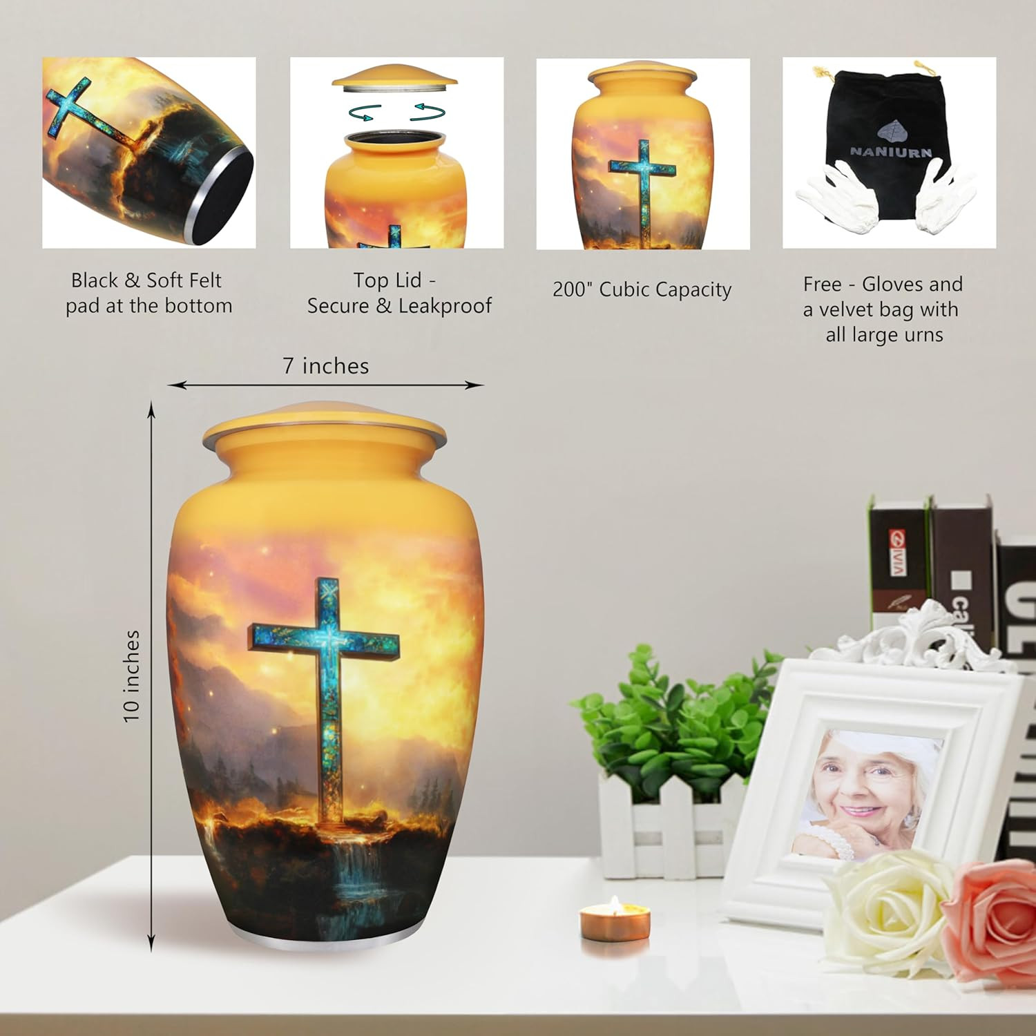 Elegant Golden Galaxy Cremation Urn with Religious Cross for Adults