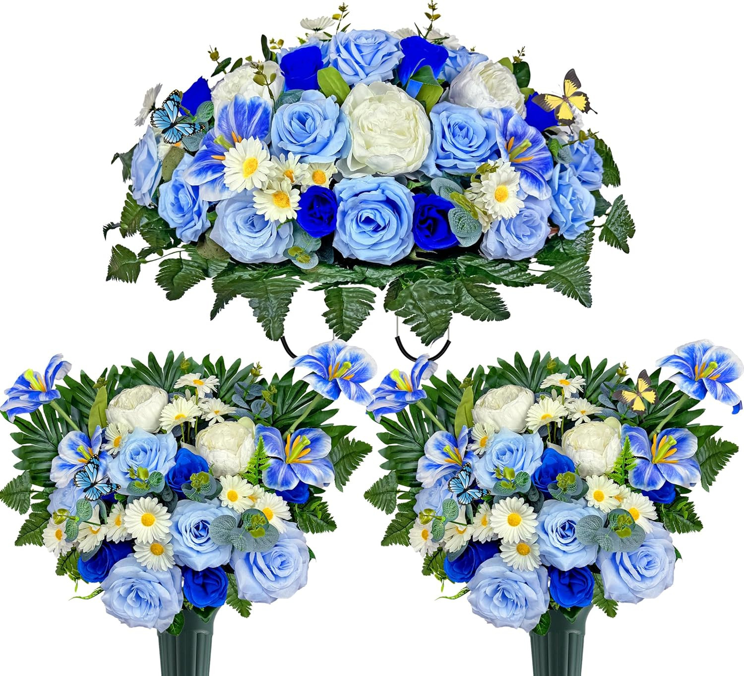 Elegant Silk Flower Saddle for Headstones – Blue Tulip Rose Daisy Set of 3