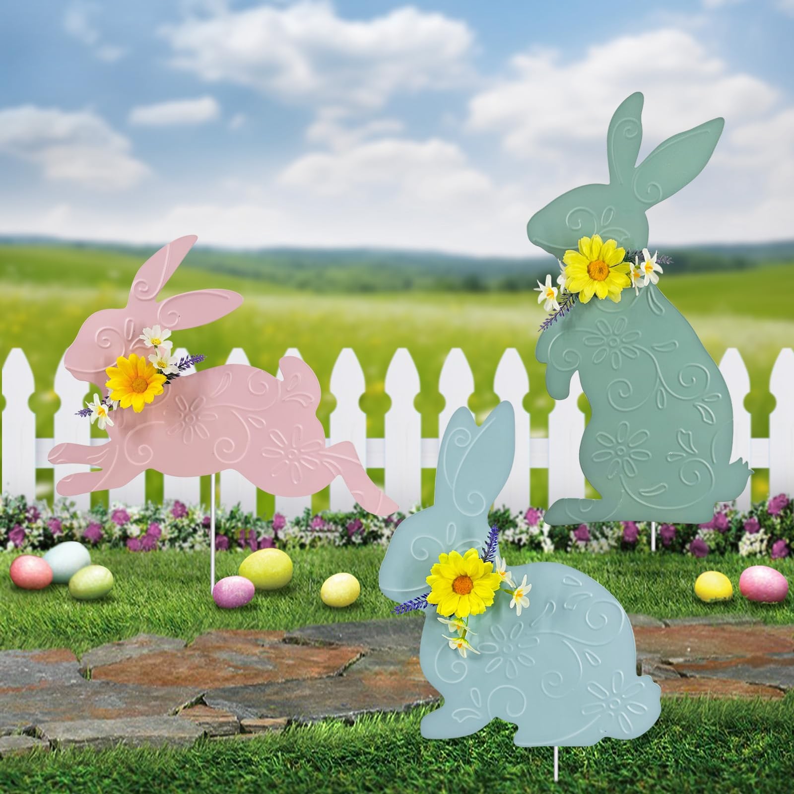 Easter Bunny Yard Sign Stakes 3 Pack Outdoor Garden Decorations