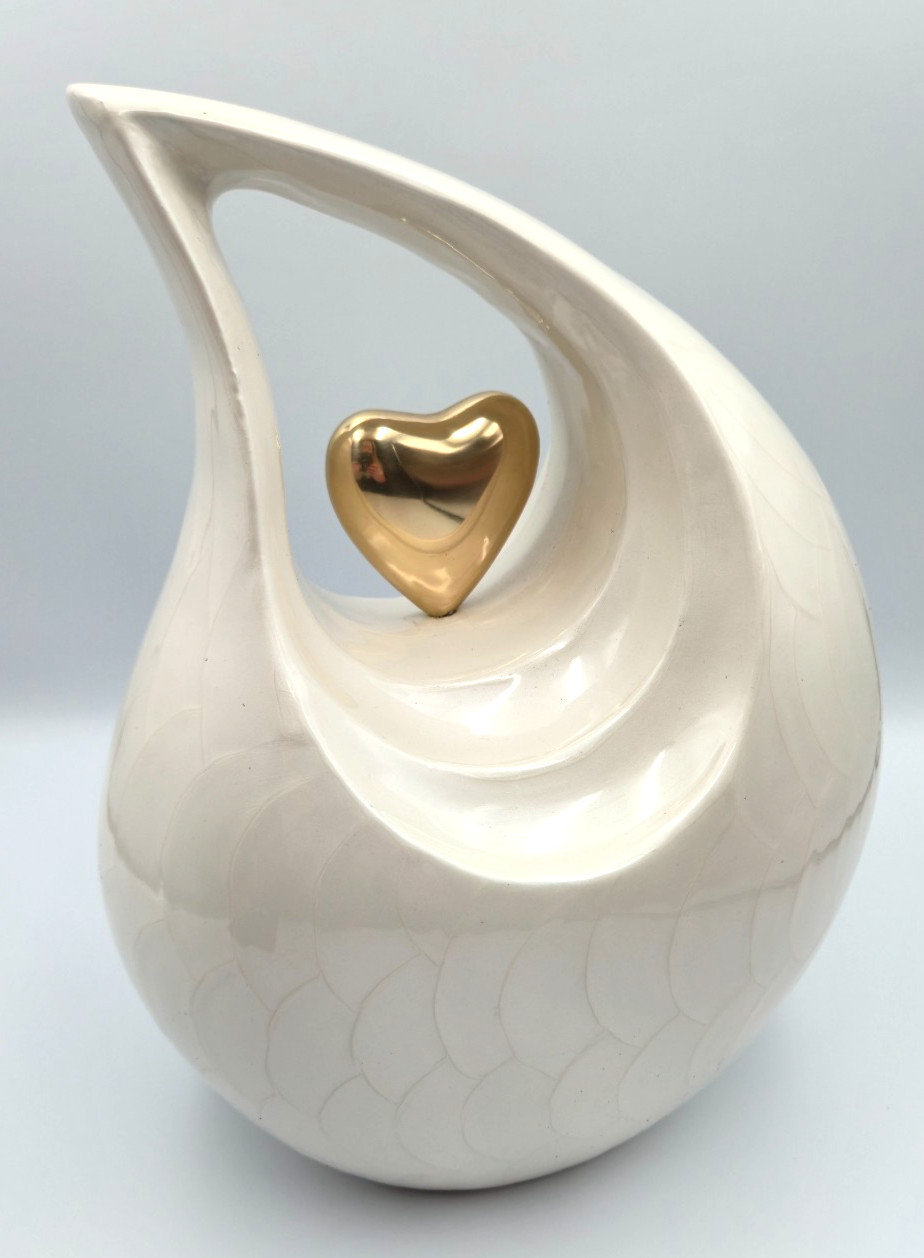 Heart of Love Cremation Urn for Adult Human Ashes, 12in, White With Gold Heart