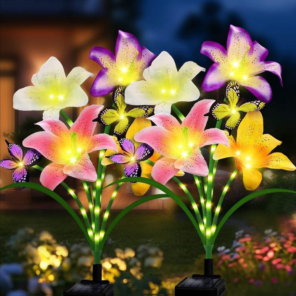 Outdoor Solar Lights 2 Pack Lily Flower and Butterfly Decor for Gardens