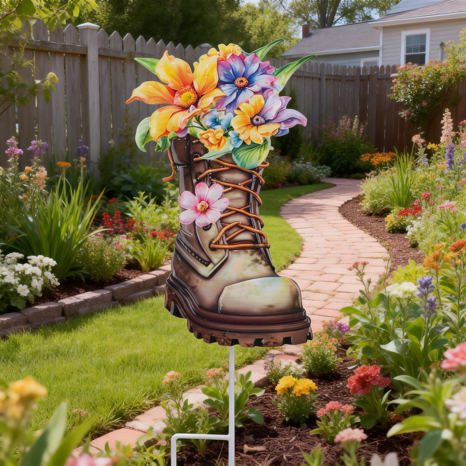 Garden Decor for Outside, 23″ Decorative Garden Stakes Metal Boot with Flower…