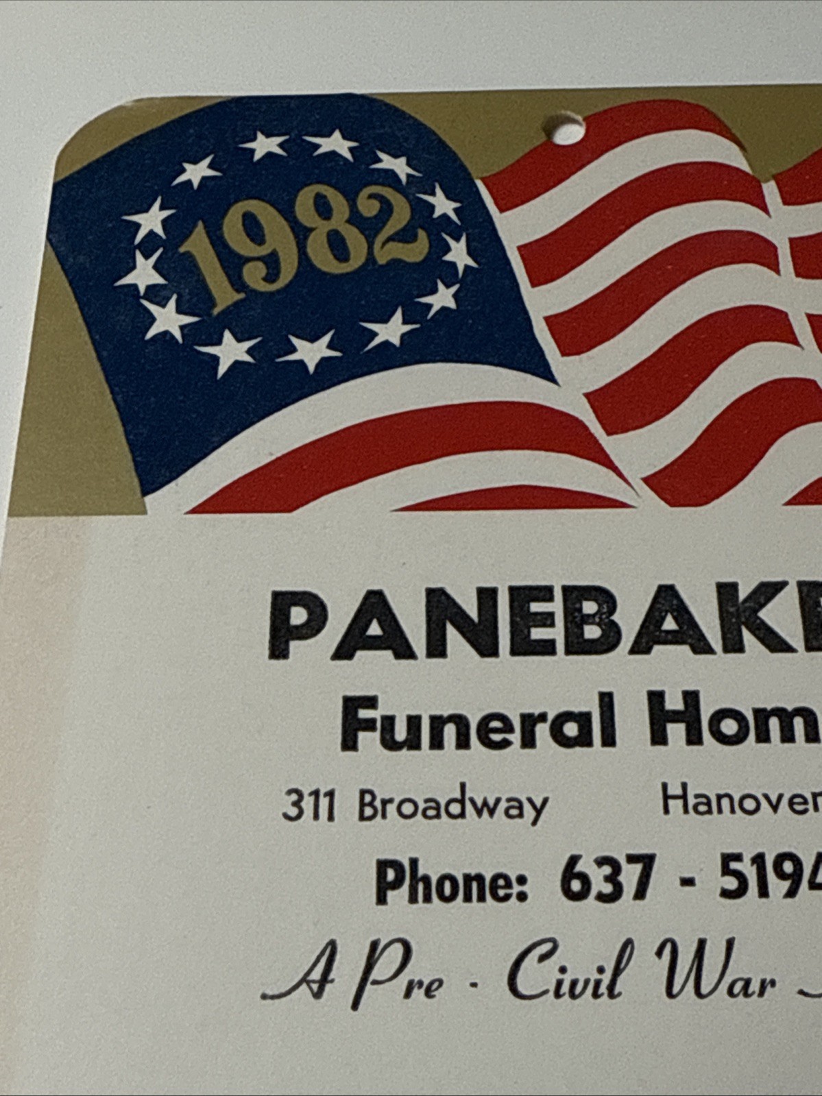 PANEBAKER FUNERAL HOME Advertising Calendar Hanover PA Emergency Numbers 1982