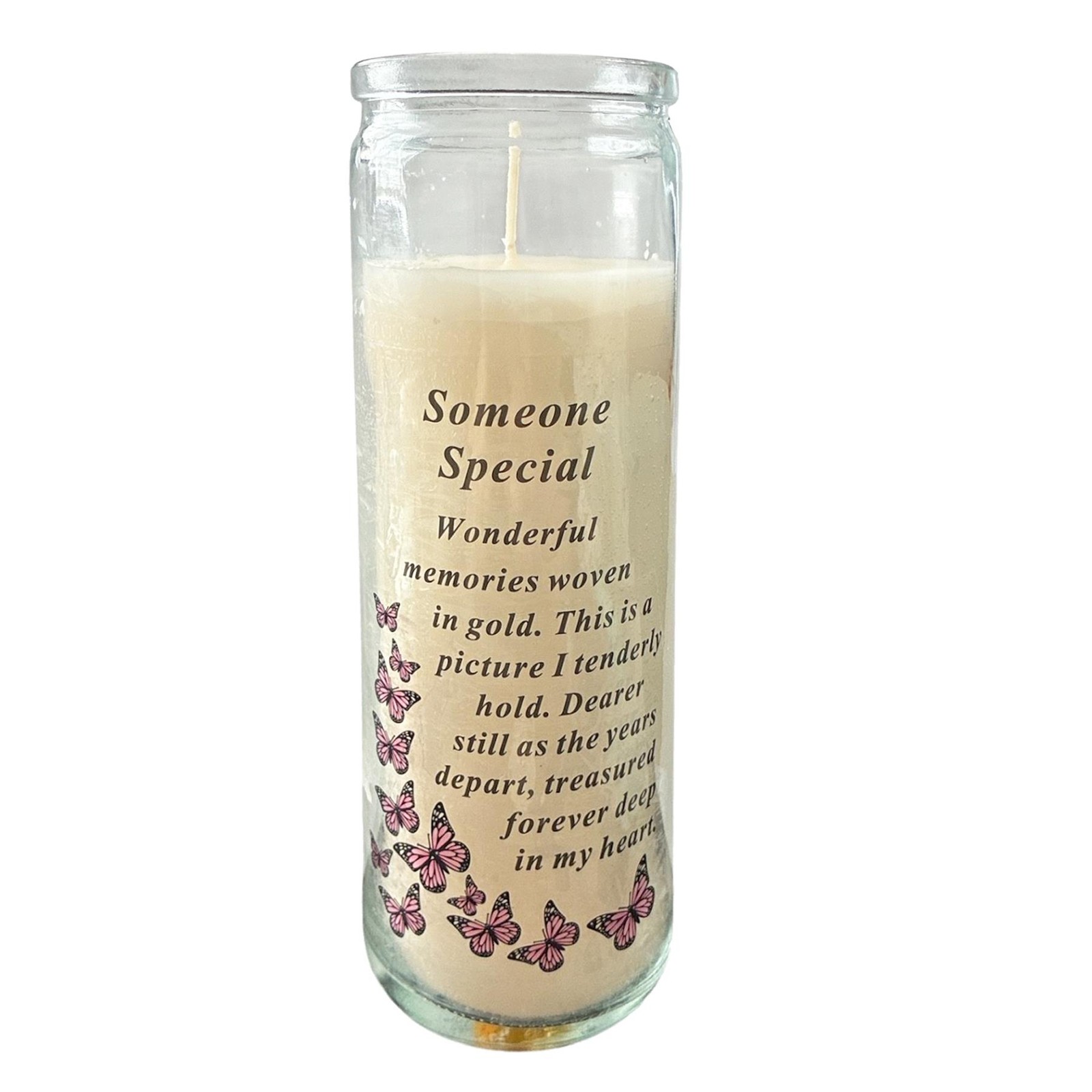 Memorial Candle in Glass Jar with Pink Butterflies and Wording – Someone Special
