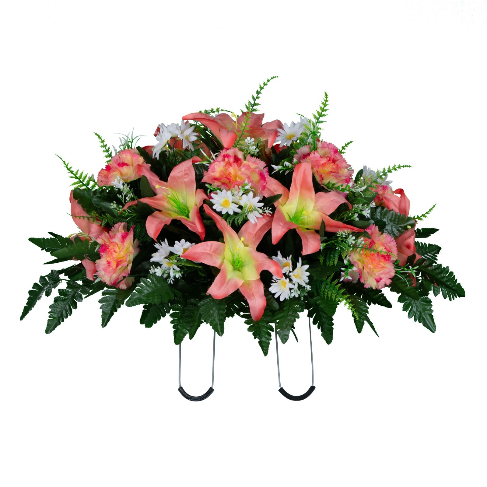 Artificial Gravesite Flowers – Peach Lily & Carnation with White Daisies Saddle