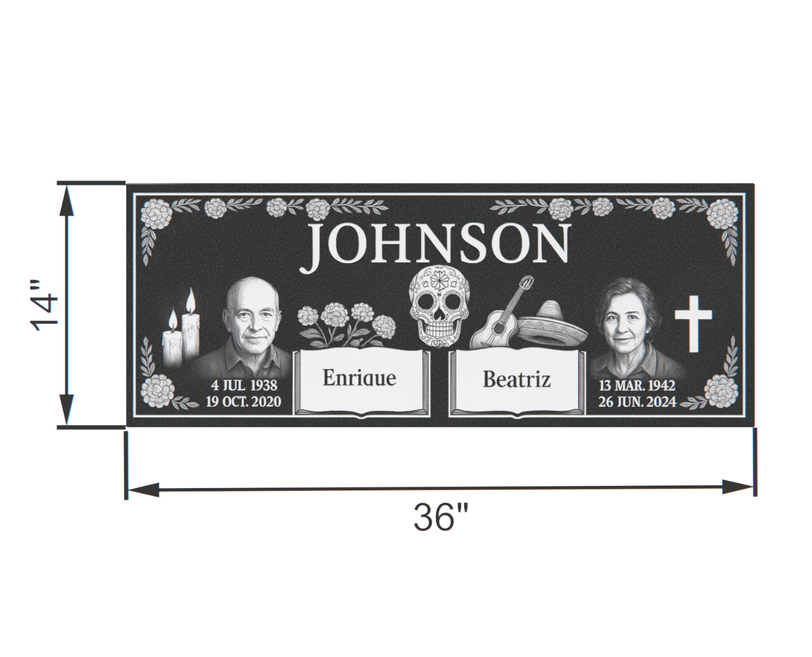 Custom Black Granite Headstone 36x14x4 – Día de los Muertos Companion