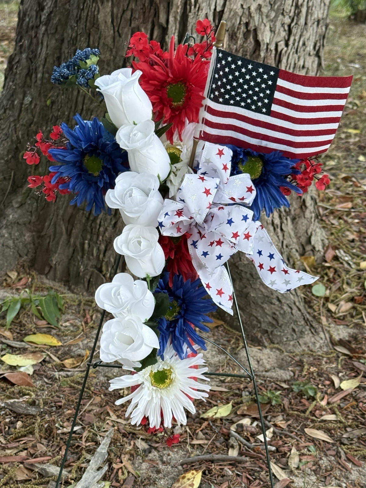 Cemetery Memorial Cross Silk Flower Arrangement Red, White & Blue