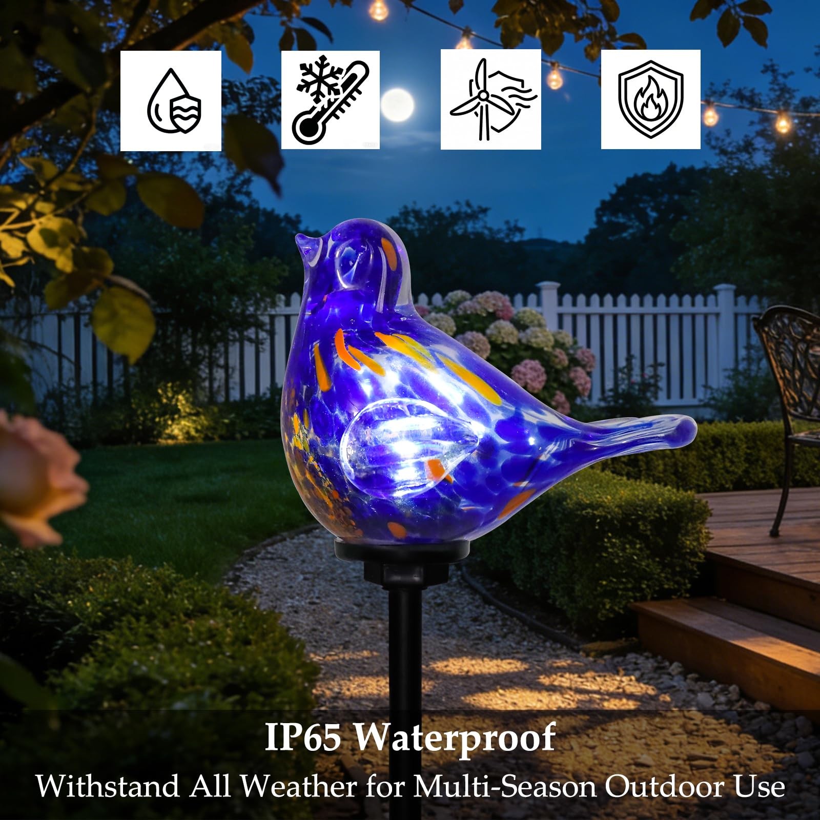 Solar Garden Lights HandBlown Glass Bird Stake Waterproof LED for Outdoors
