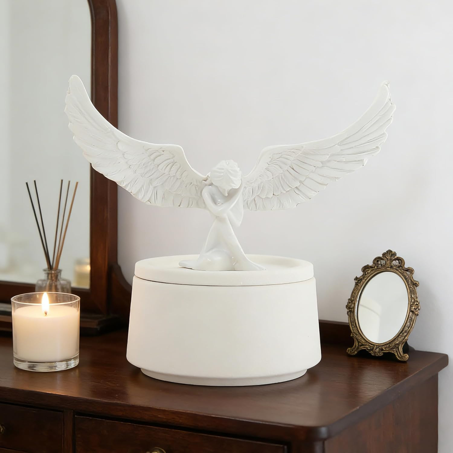 White Angel Wings Funeral Cremation Urn,Guardian Angel Keepsake Small Urn,Angel
