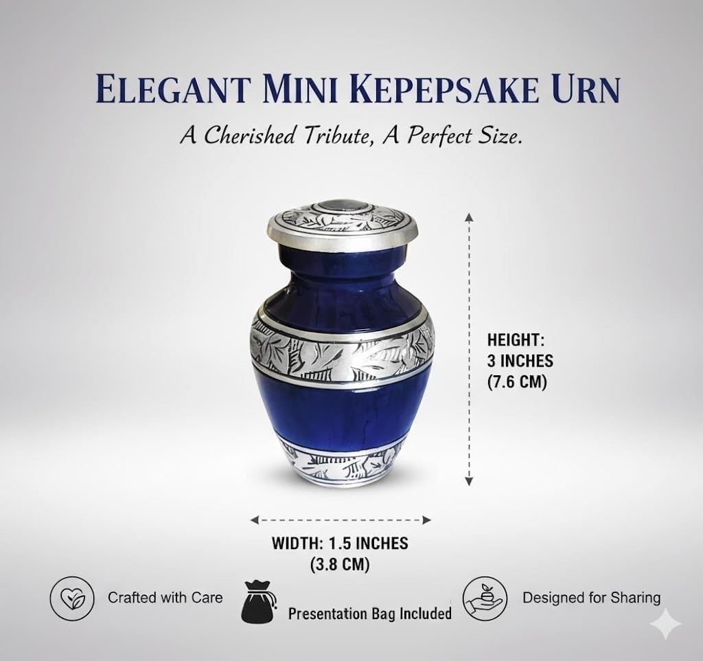 Compact Brass Keepsake Urn with Velvet Bag – Hand Engraved Purple Finish, 3-inch