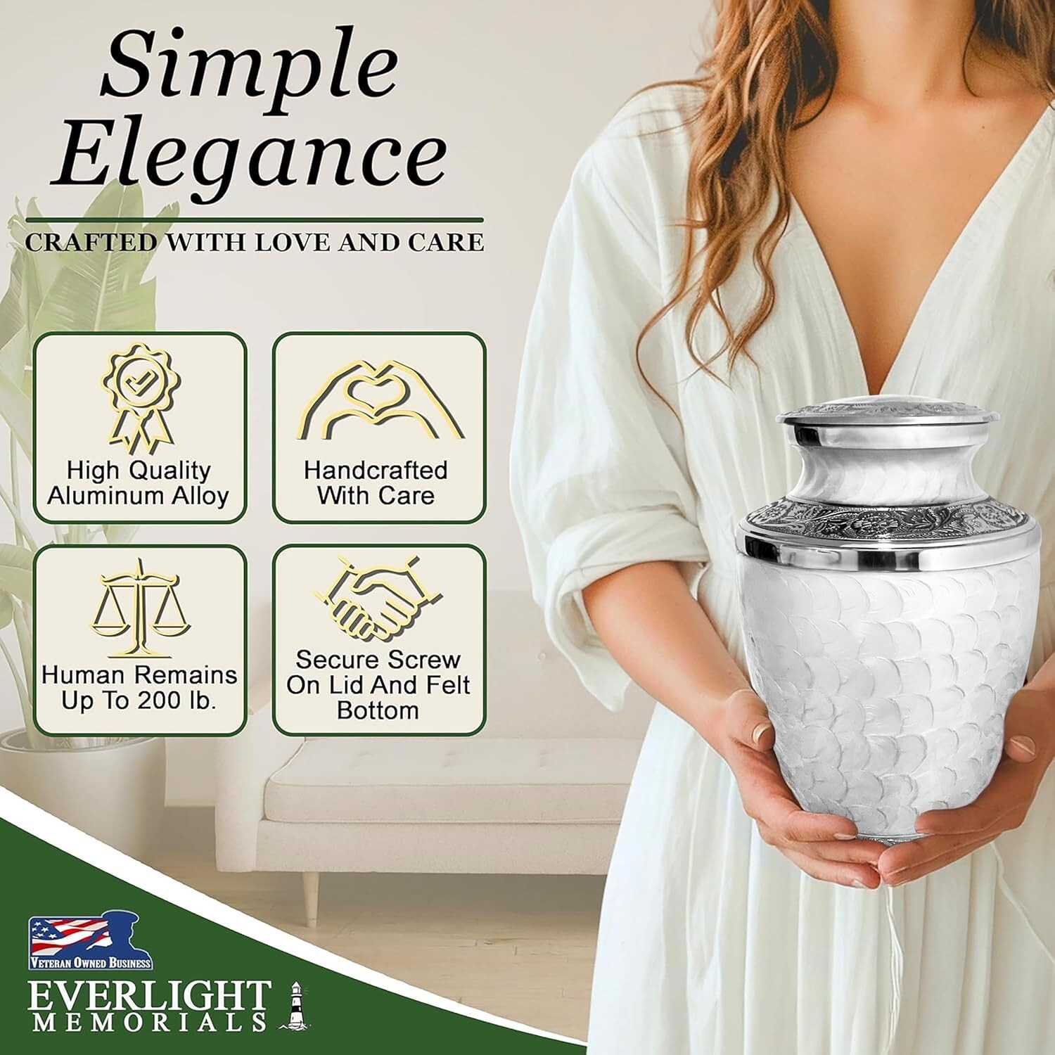 White Reflections Adult Cremation Urn for Human Ashes, Large with Velvet Bag