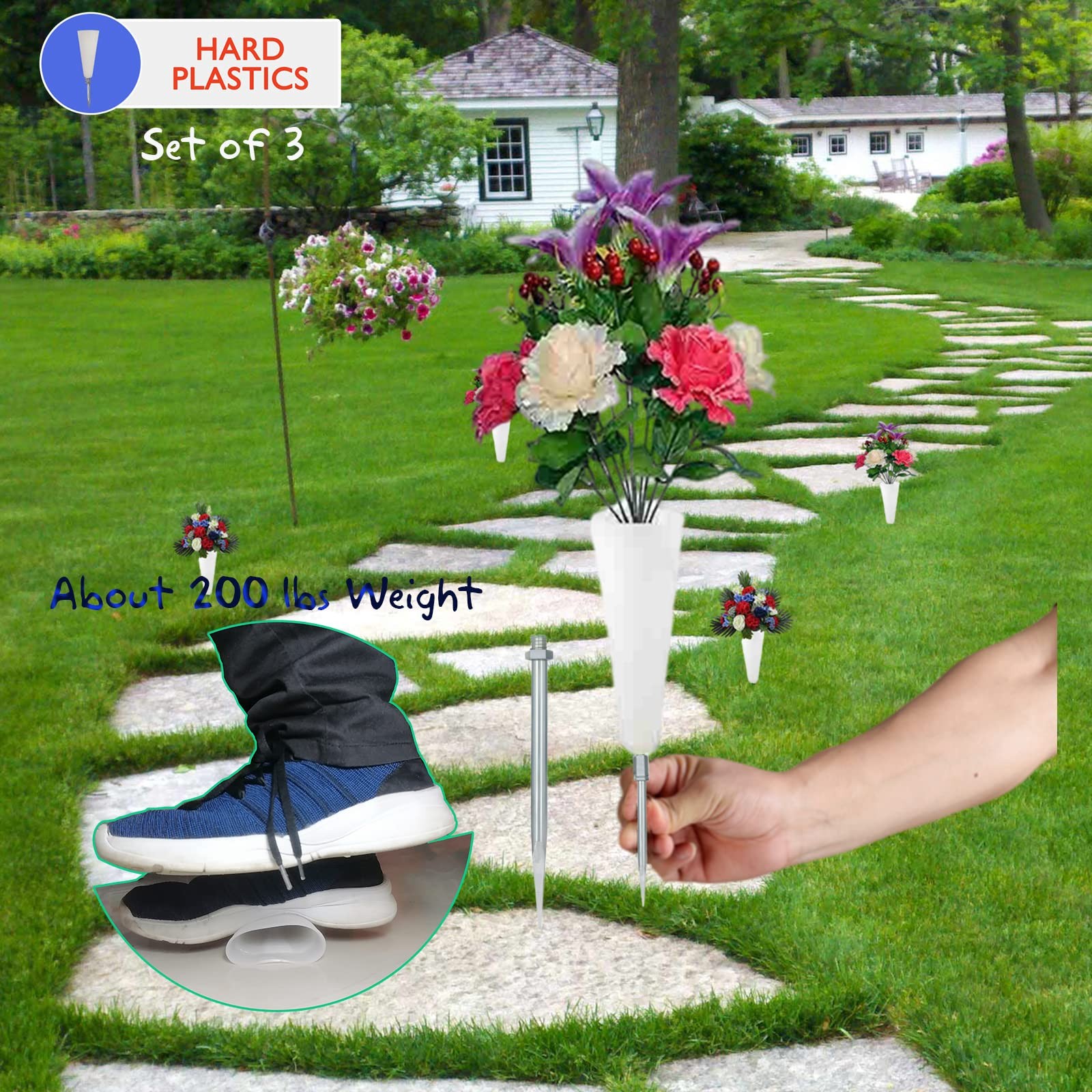 3 PCS Cemetery Flower Planter Vase Ground Memorial Holder 7 Inch White Stake