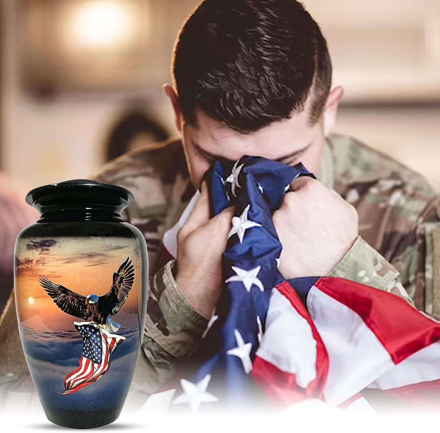 Elegant Large Metal Cremation Urn with American Flag Design – Holds 200 lbs