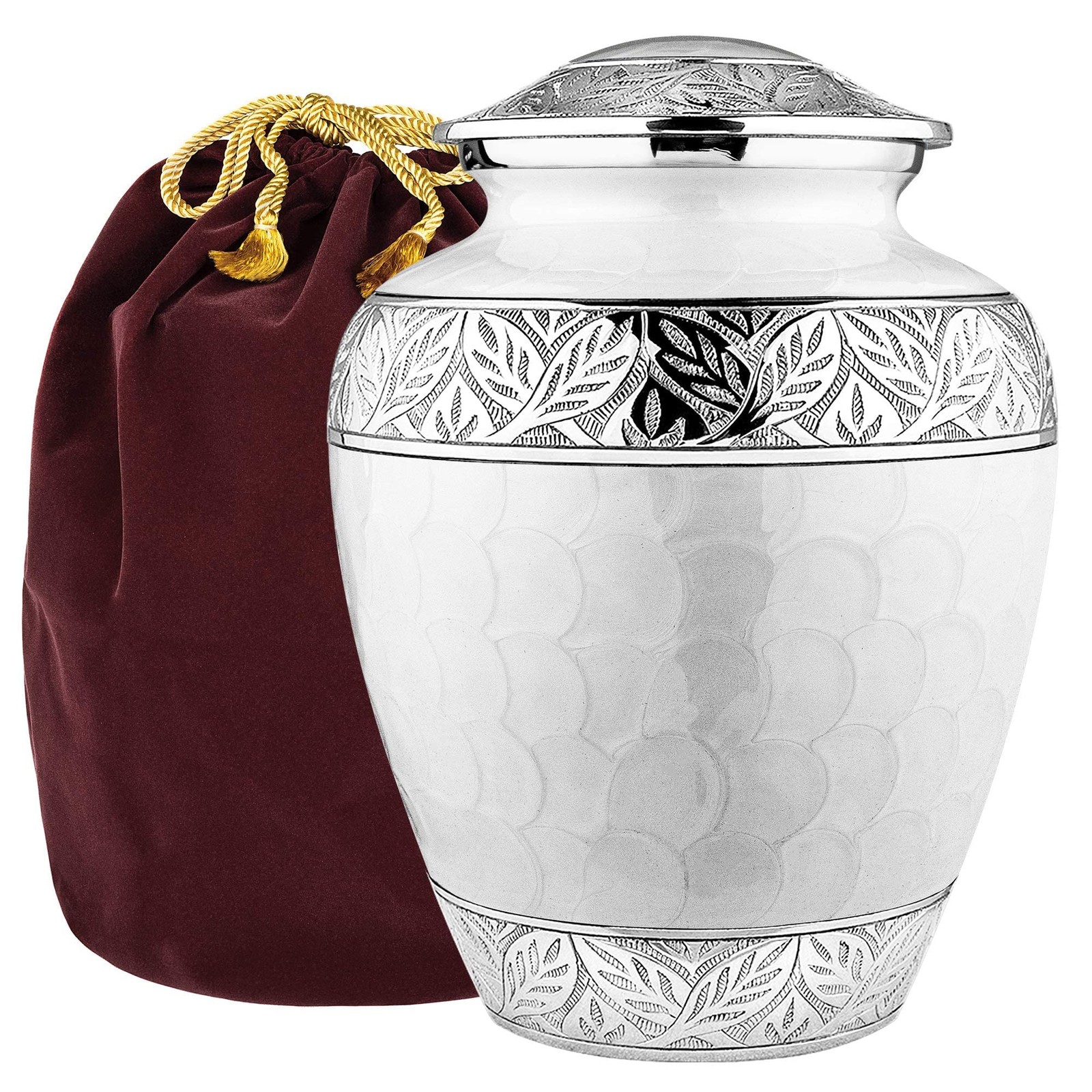 Engraved Mother Of Pearl Funeral Urn For Adult Male Silver Lining White